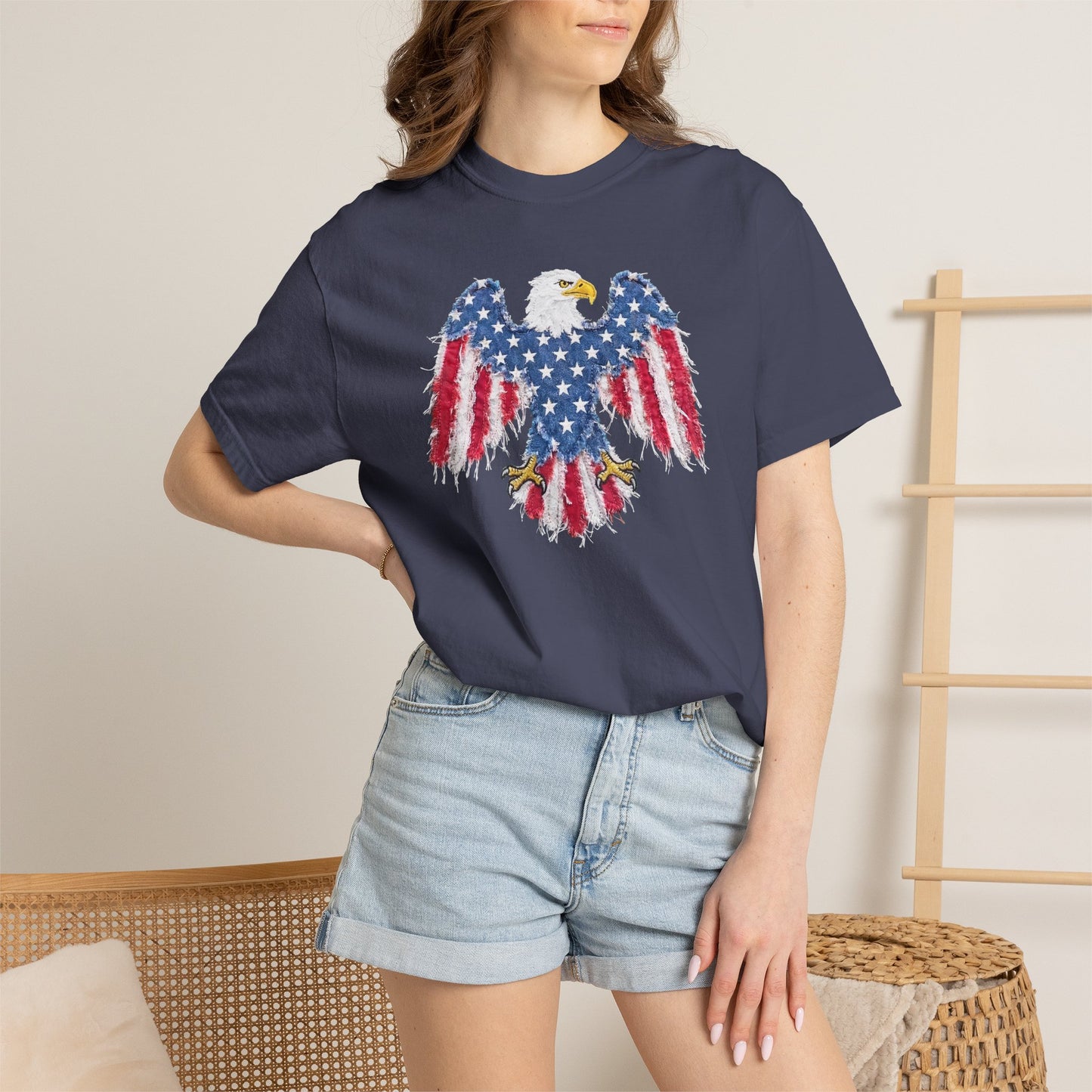 Patriotic Eagle Print T-Shirt — Distressed American Flag Graphic
