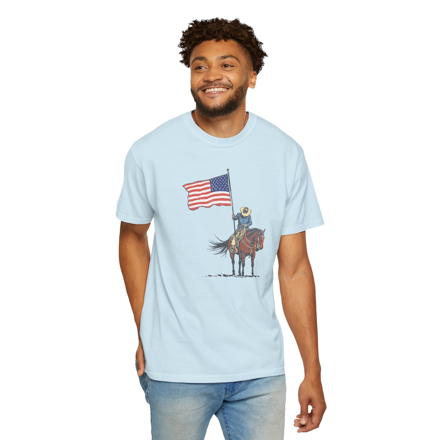 Patriotic Cowboy on Horse T-Shirt – American Flag Western Tee