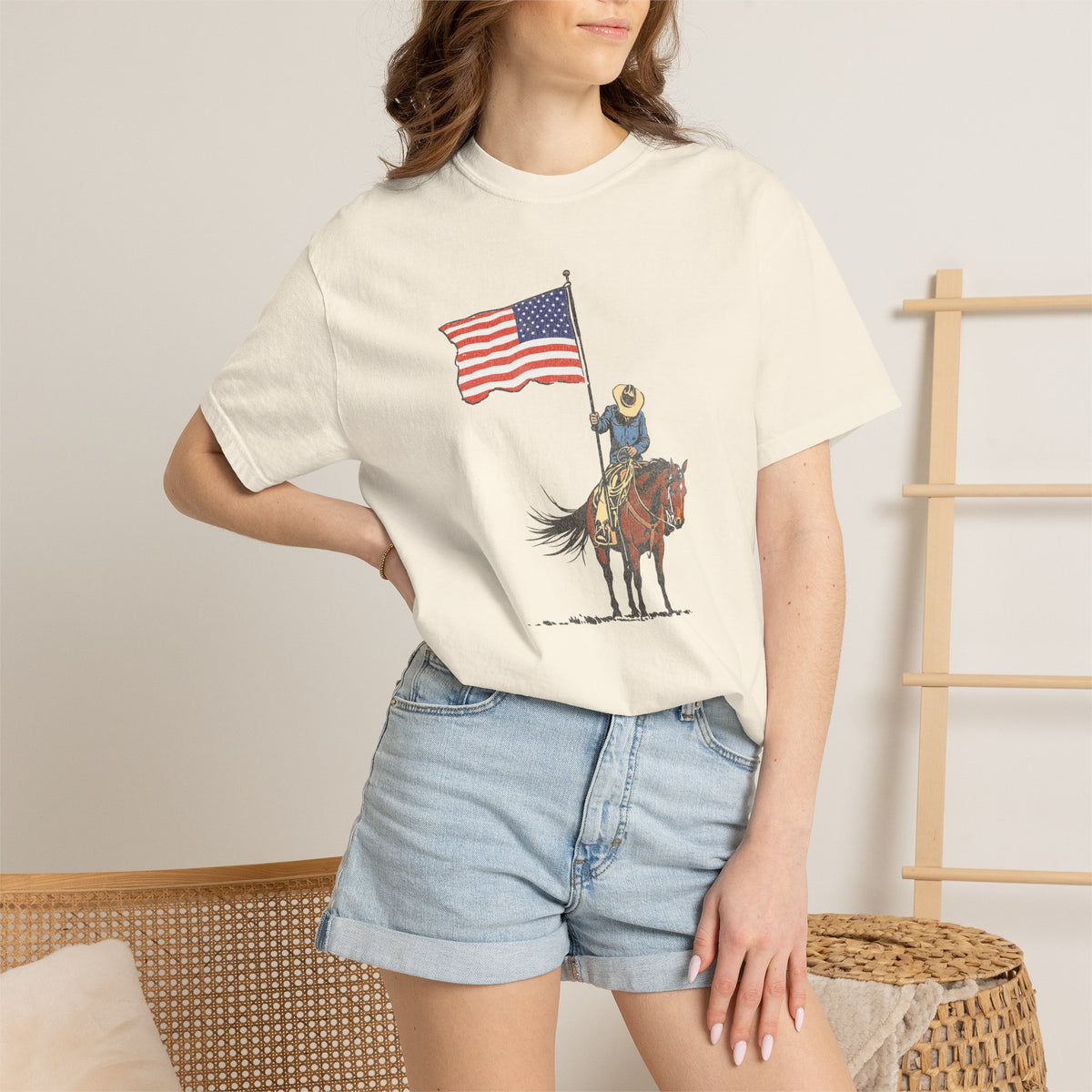 Patriotic Cowboy on Horse T-Shirt – American Flag Western Tee