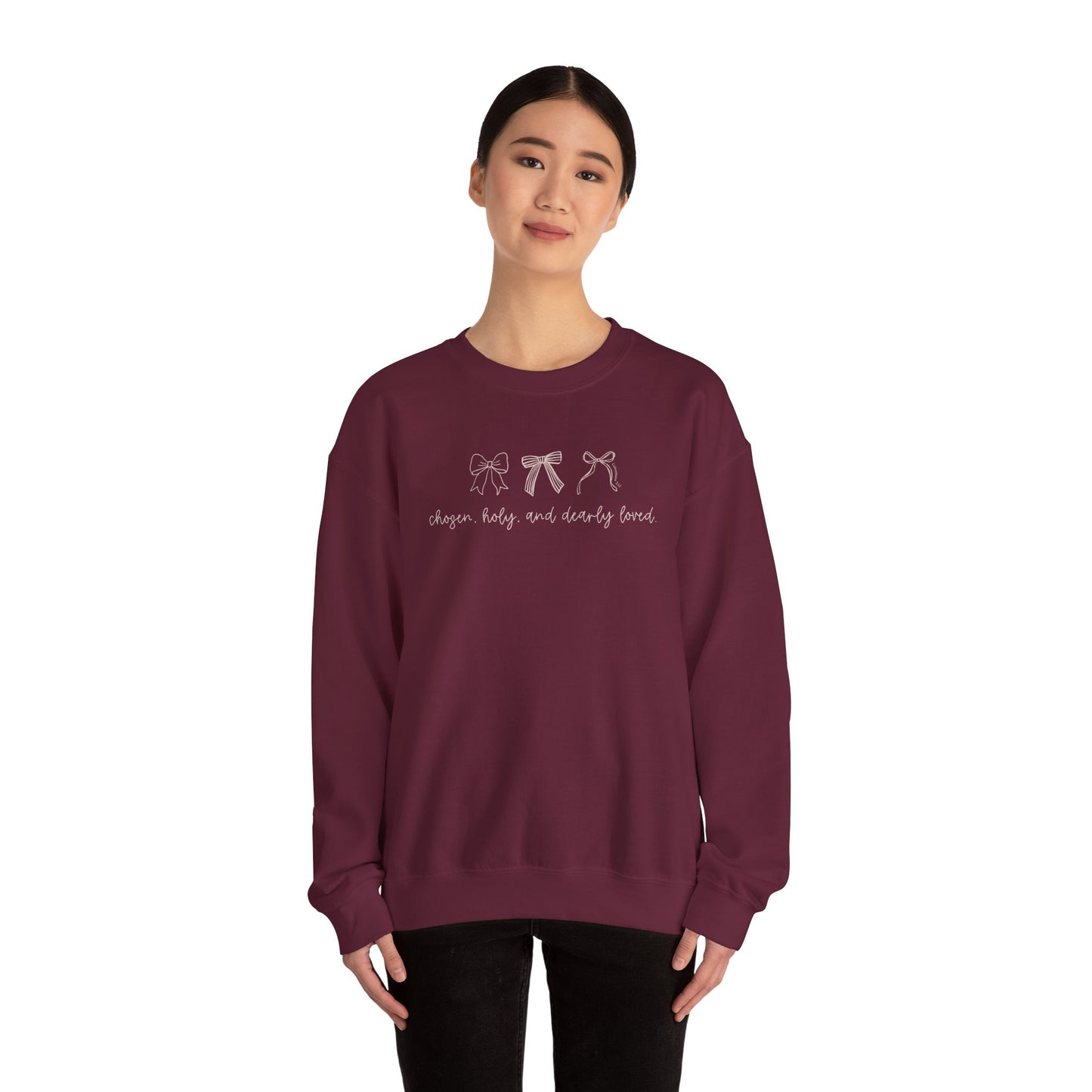 Chosen, Holy, & Dearly Loved Script Bows Crewneck Sweatshirt