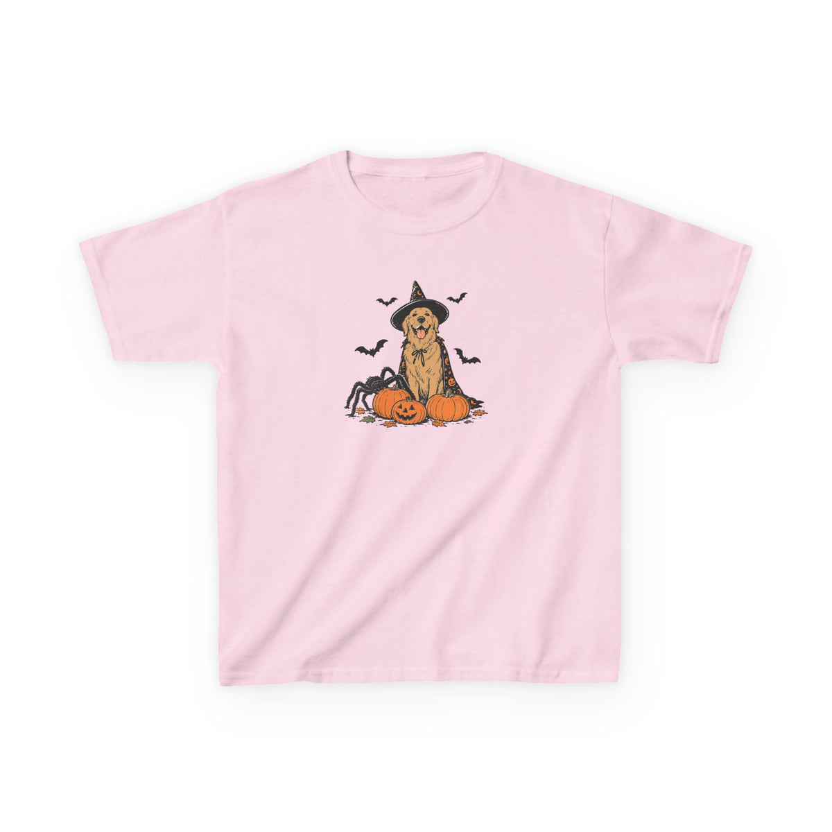 Kids Halloween Witch Tee – Cute Witch Dog with Pumpkins Kids T-Shirt