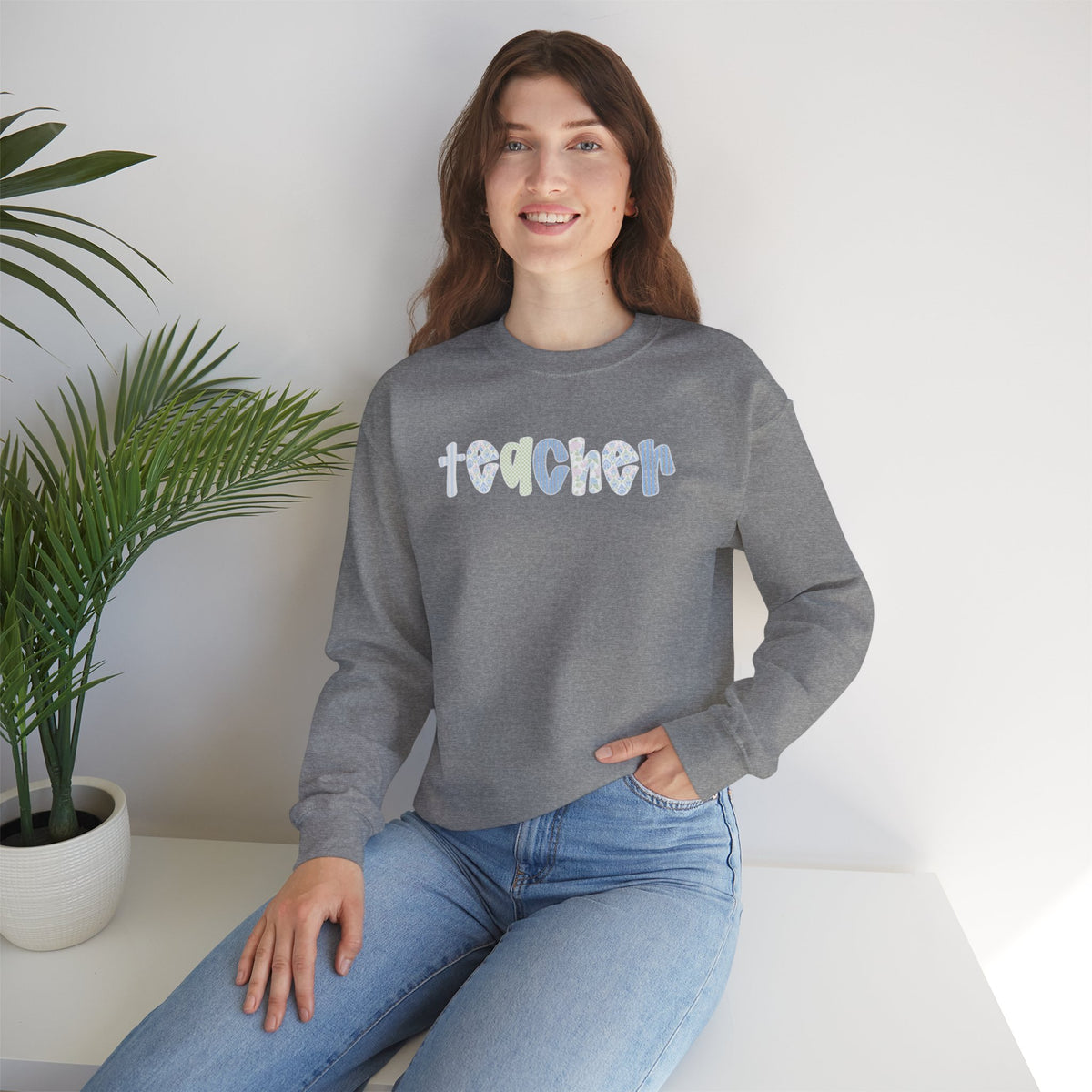 Teacher Floral Crewneck Sweatshirt — Pastel Heart & Flower Teacher Gift