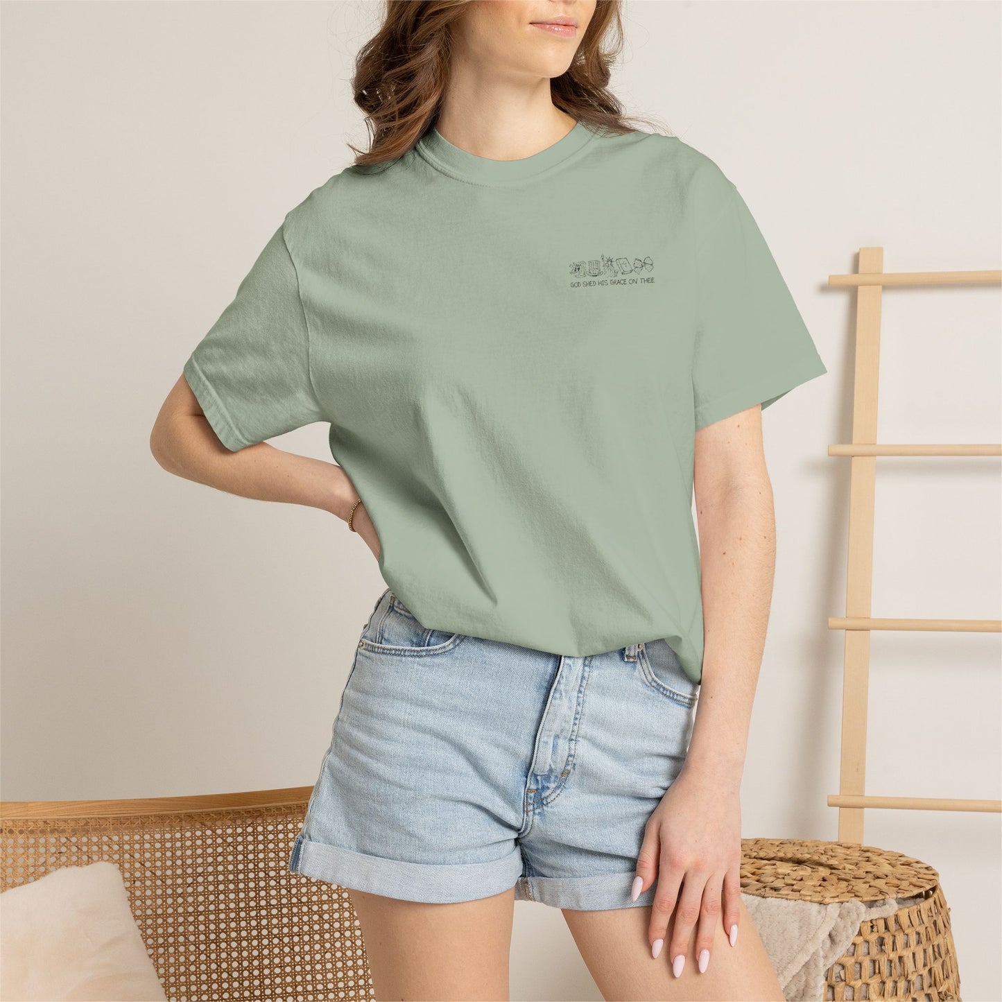 "God Shed His Grace on Thee" Chest Embroidered Script Minimalist T‑Shirt — Subtle Pocket Text Design