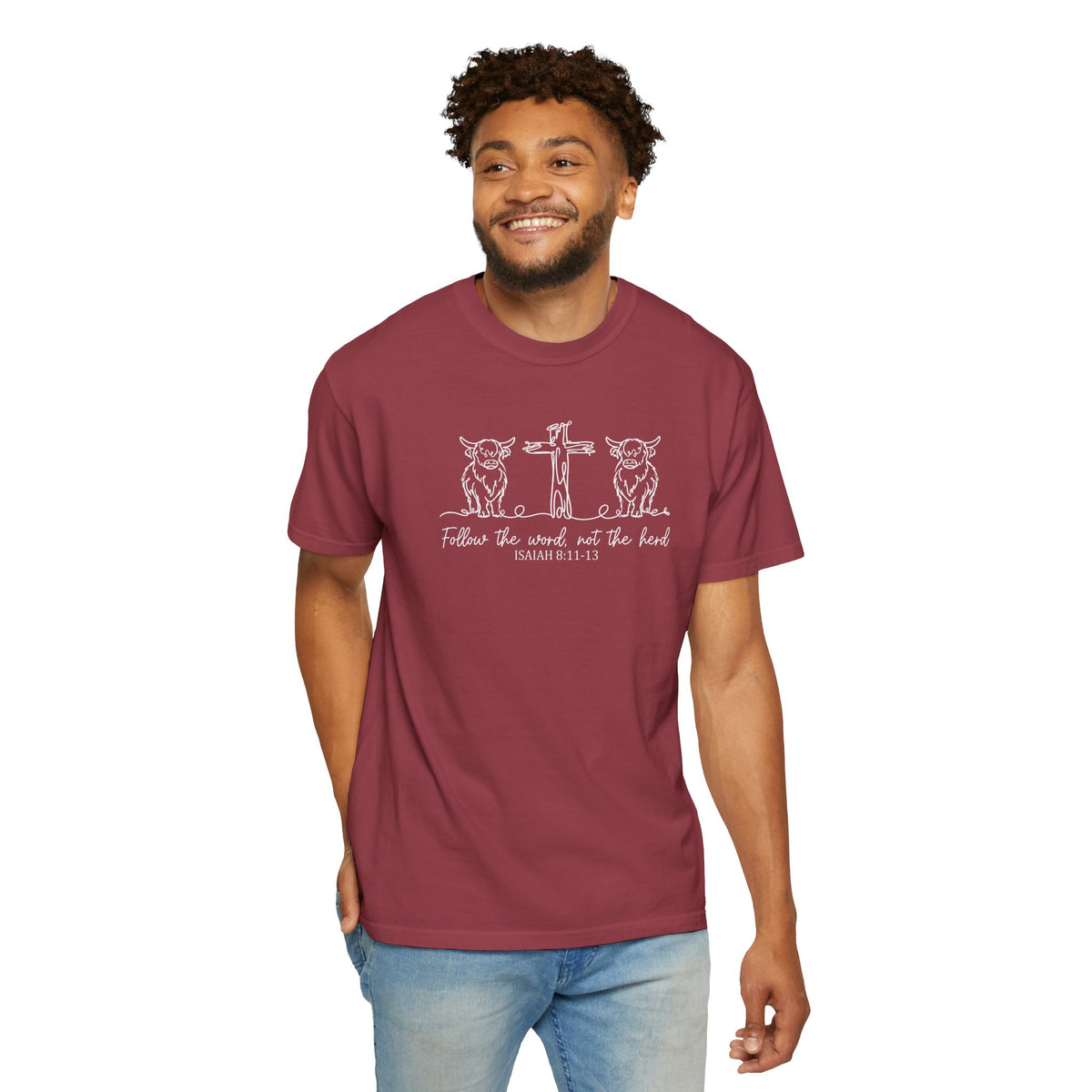 Christian Cross & Cow T-Shirt — "Follow the Word, Not the Herd" Graphic Tee