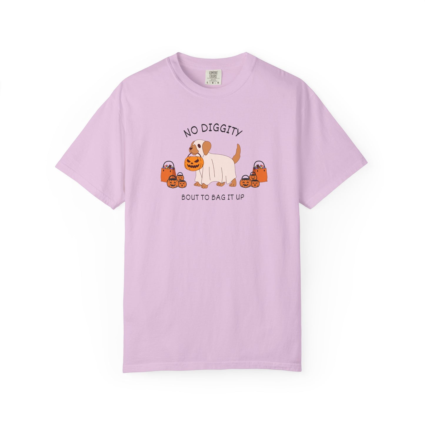 No Diggity Dog T-Shirt — Cute Puppy with Pumpkins "Bout to Bag It Up"