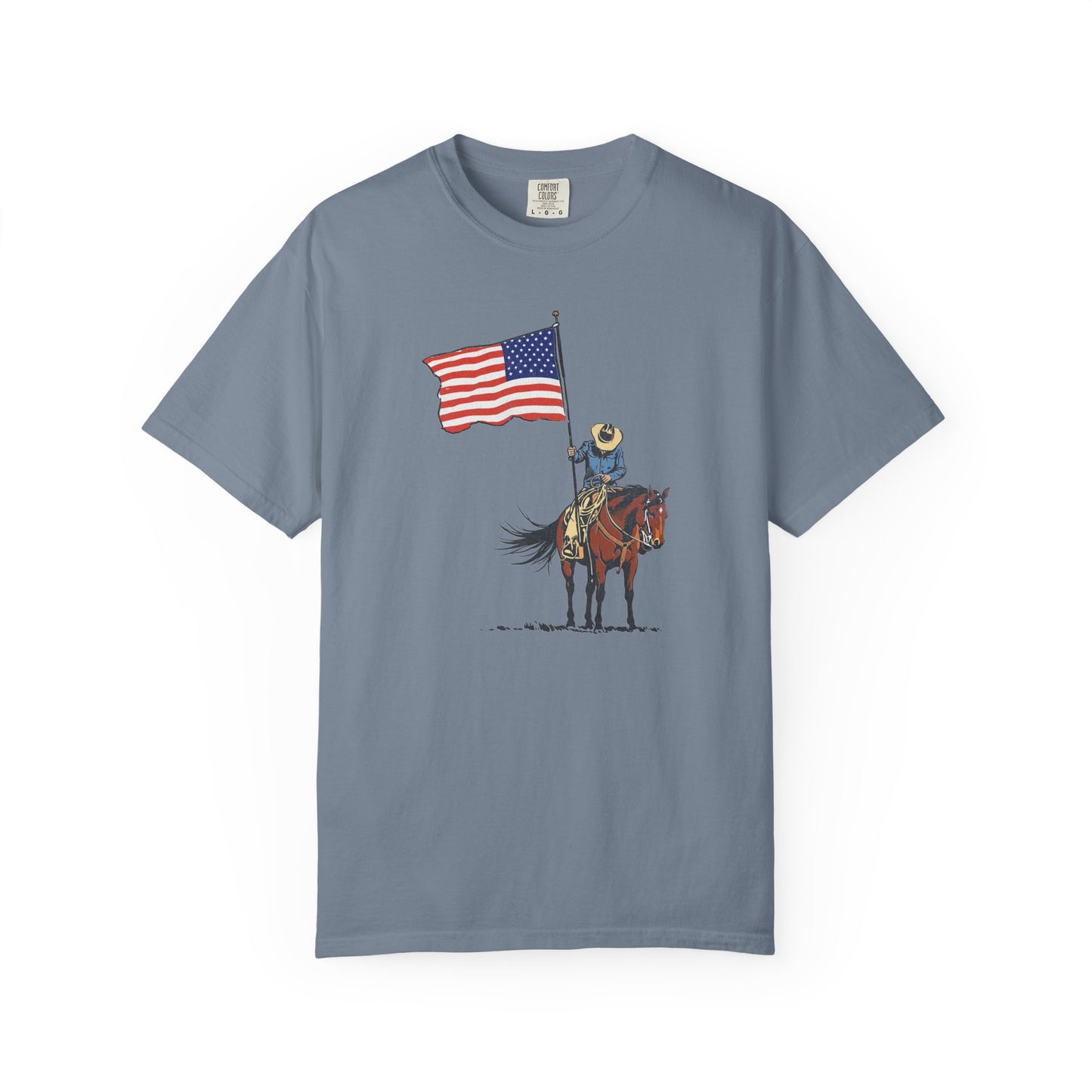 Patriotic Cowboy on Horse T-Shirt – American Flag Western Tee