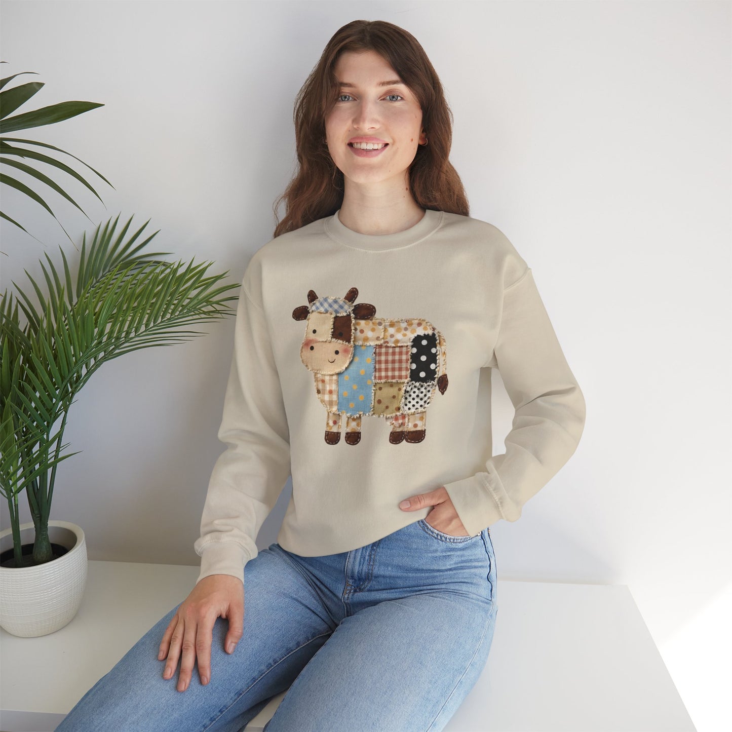 Patchwork Cow Print Sweatshirt — Cute Farm Animal Crewneck