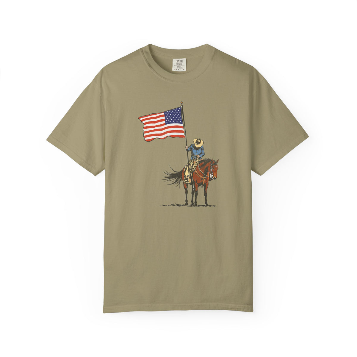 Patriotic Cowboy on Horse T-Shirt – American Flag Western Tee