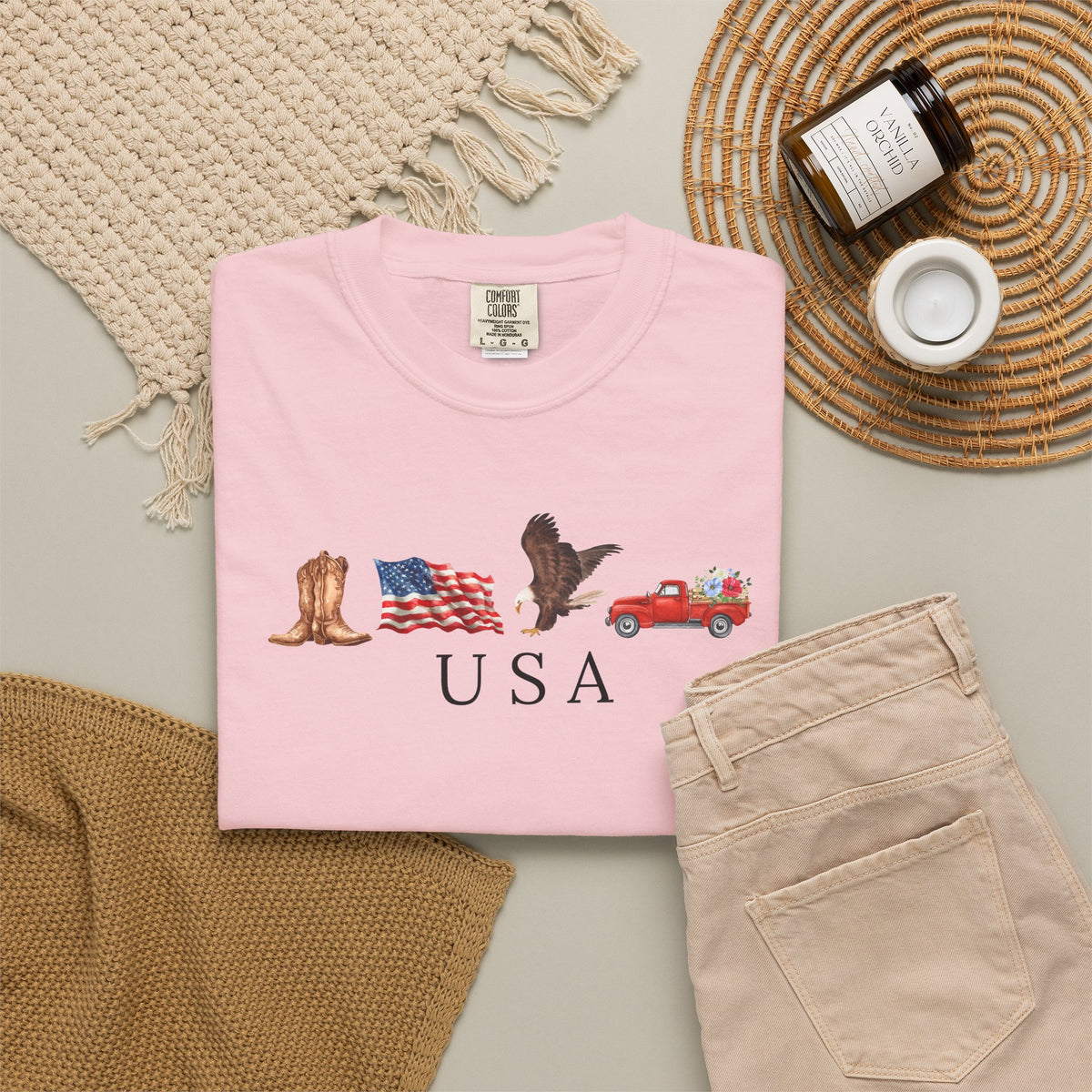 USA Americana Graphic T-Shirt — Boots, Flag, Eagle & Truck Design