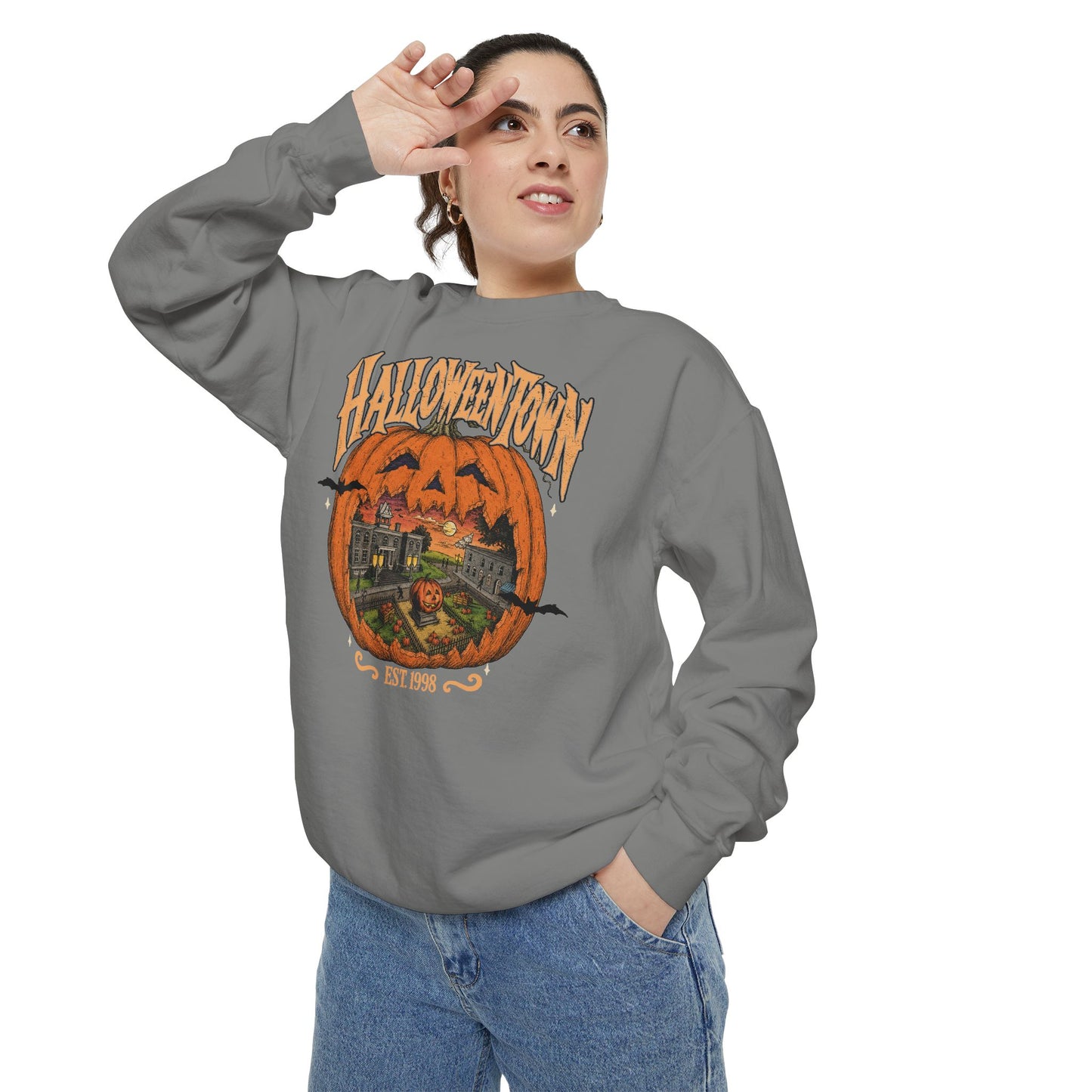 Halloweentown Pumpkin Crewneck Sweatshirt — Vintage Spooky Town Graphic