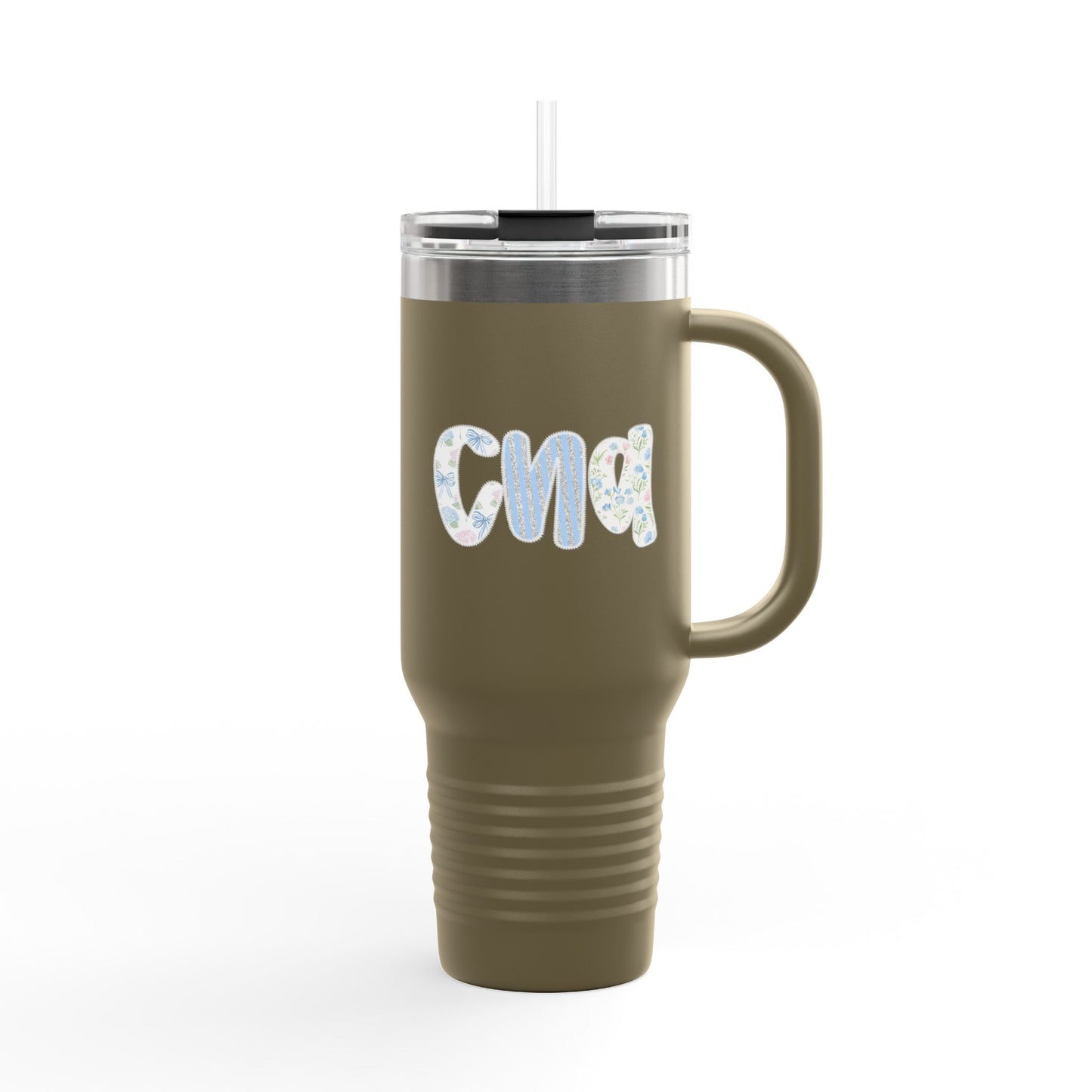 40oz Insulated Travel Mug — Floral Monogram 'CNA' Tumbler with Handle (Keeps Drinks Hot & Cold)
