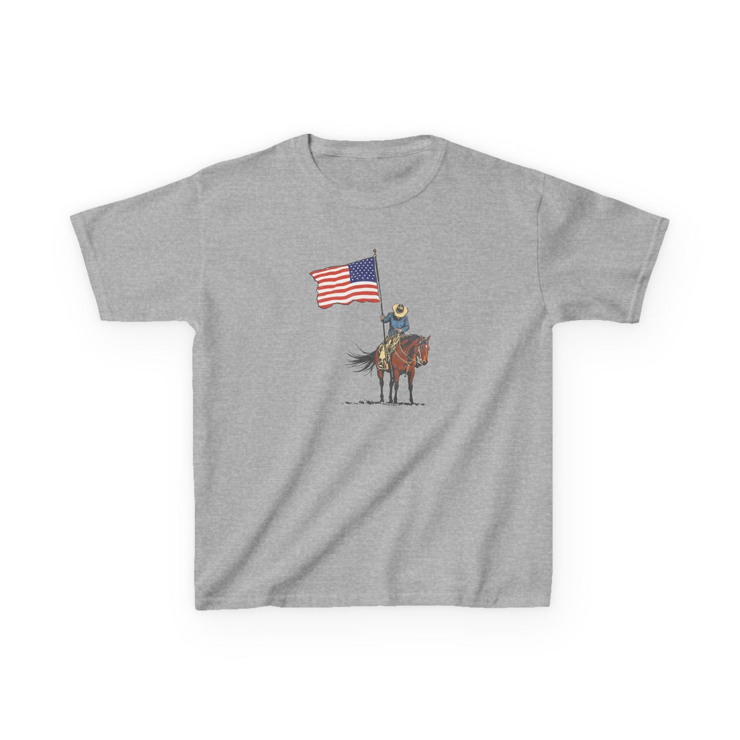 Kids Tee — Cowboy on Horse Holding American Flag (Patriotic Western Shirt)