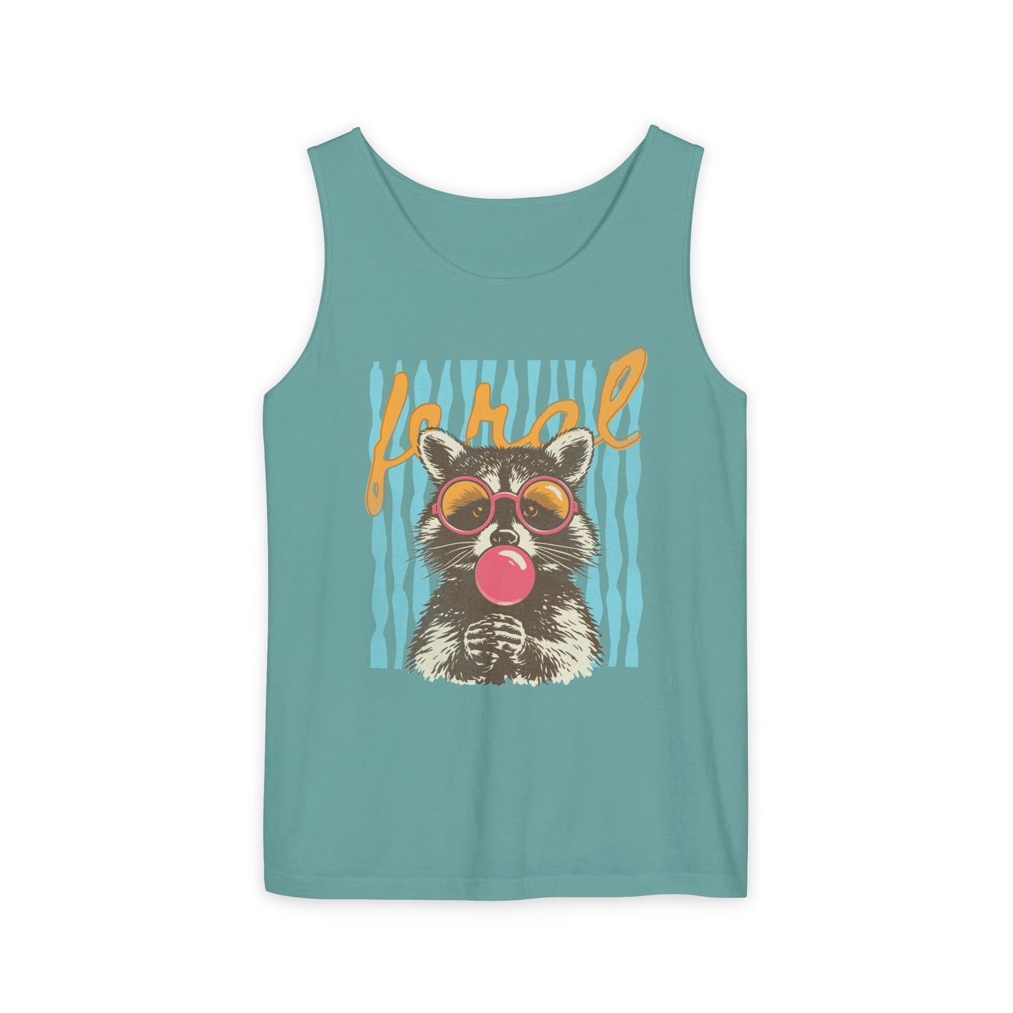 Raccoon Bubblegum Tank Top — Retro 'Hello' Graphic Summer Tee