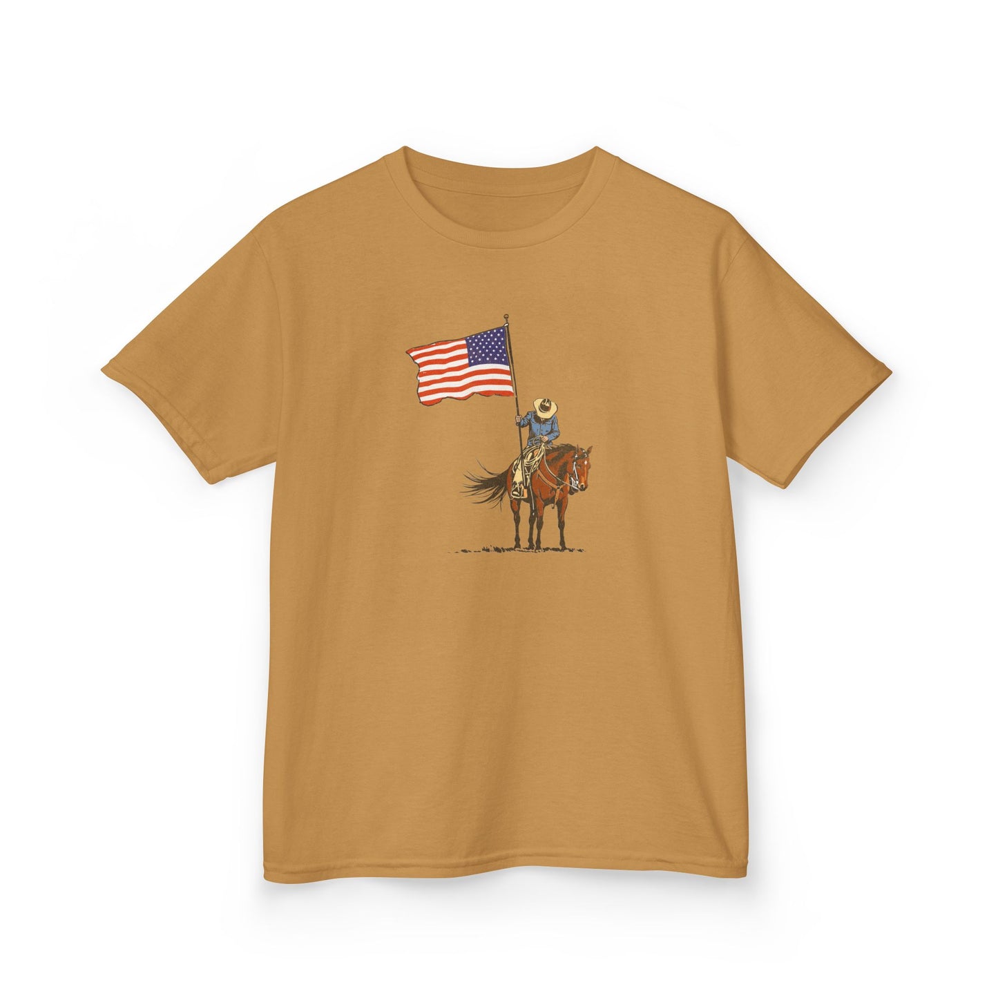 Kids Tee — Cowboy on Horse Holding American Flag (Patriotic Western Shirt)