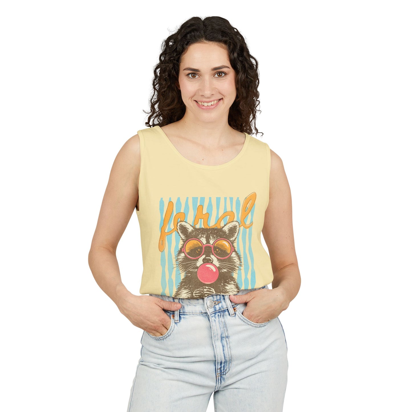 Raccoon Bubblegum Tank Top — Retro 'Hello' Graphic Summer Tee
