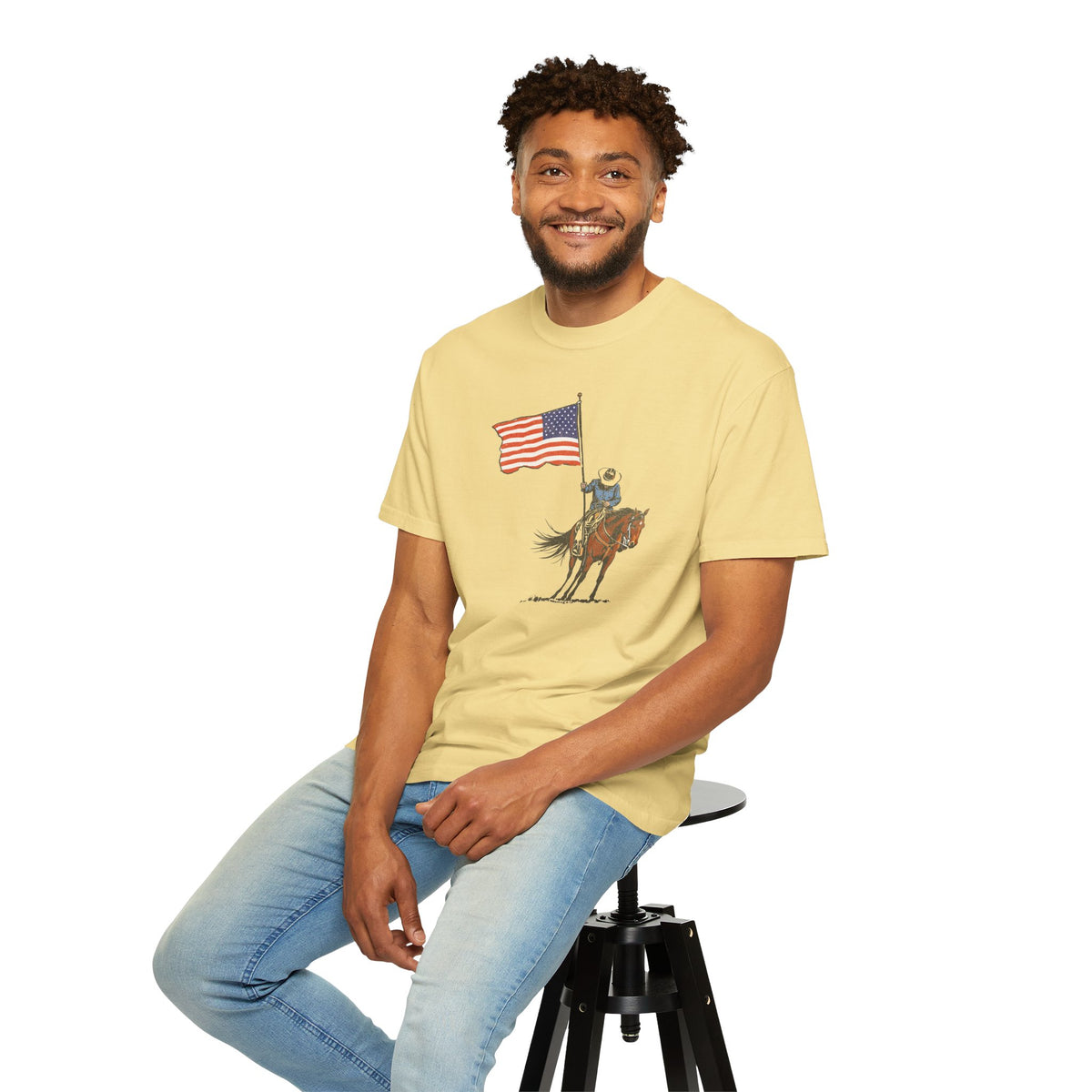 Patriotic Cowboy on Horse T-Shirt – American Flag Western Tee