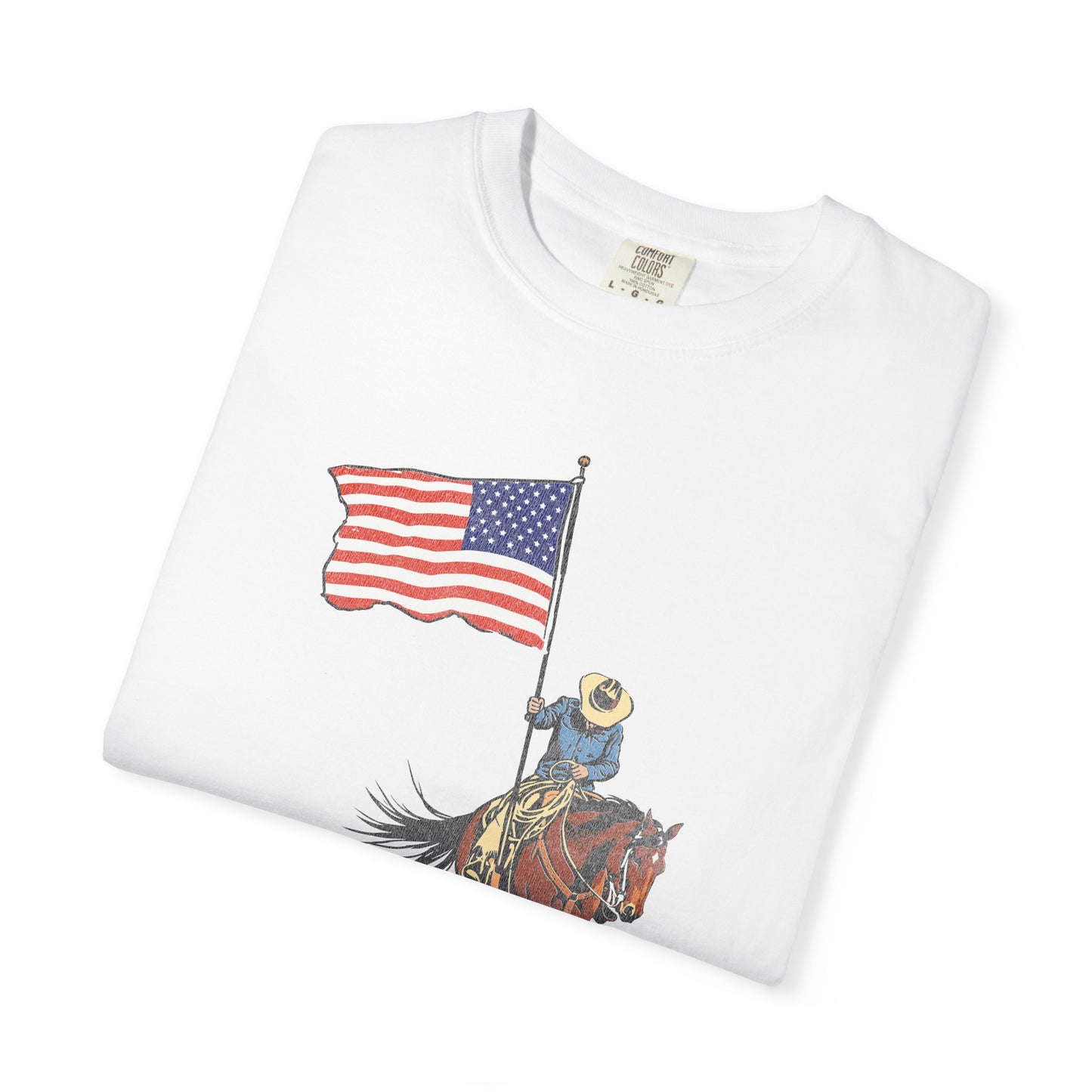 Patriotic Cowboy on Horse T-Shirt – American Flag Western Tee