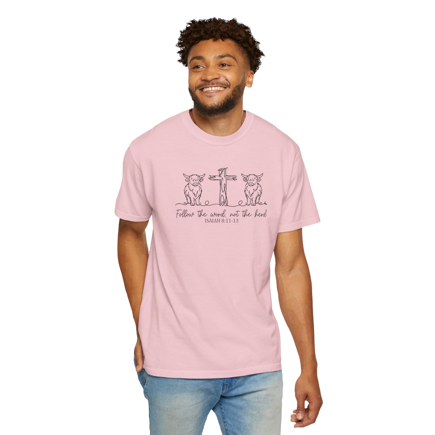 Christian Cross & Cow T-Shirt — "Follow the Word, Not the Herd" Graphic Tee