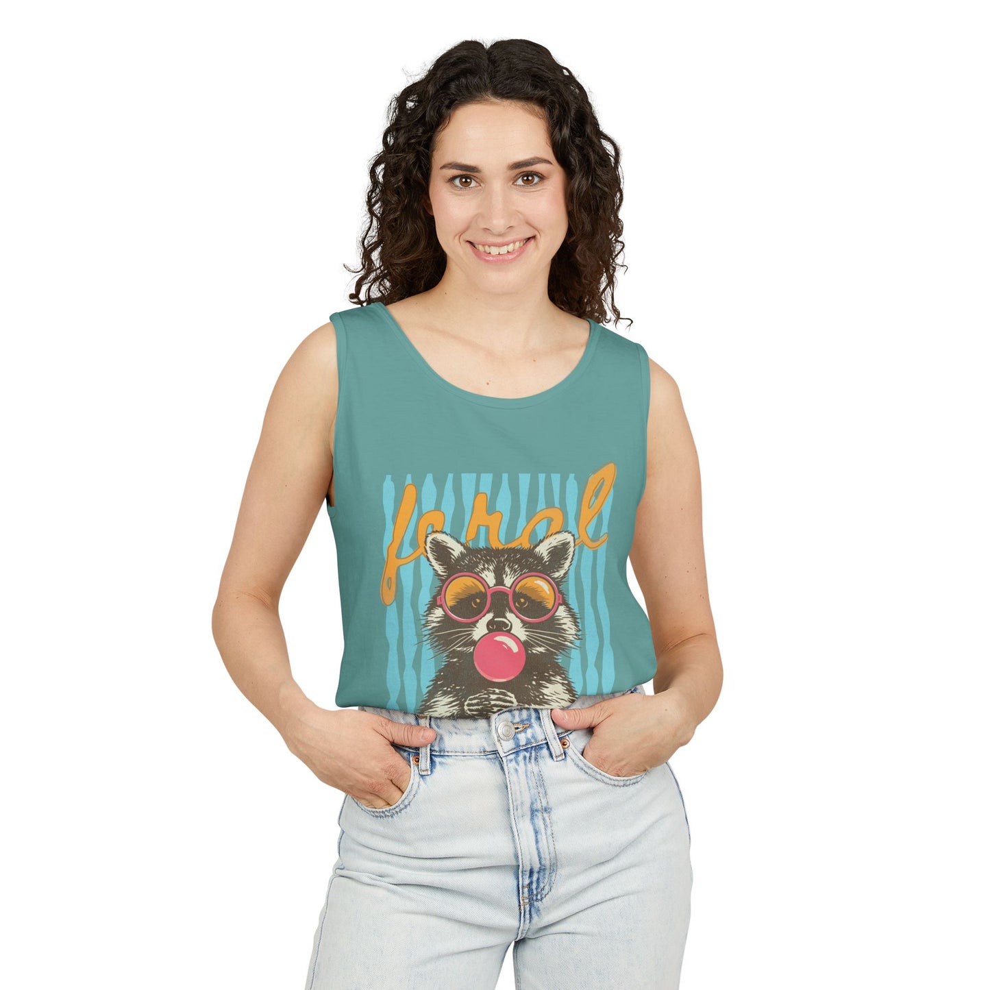 Raccoon Bubblegum Tank Top — Retro 'Hello' Graphic Summer Tee