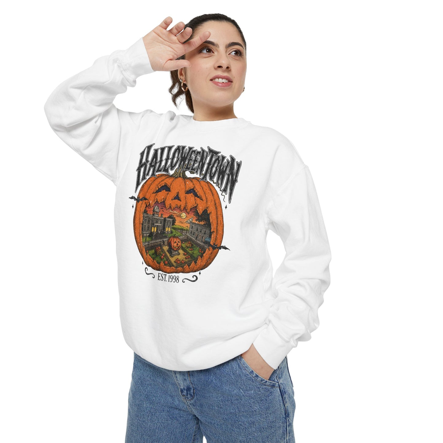 Halloweentown Pumpkin Crewneck Sweatshirt — Vintage Spooky Town Graphic