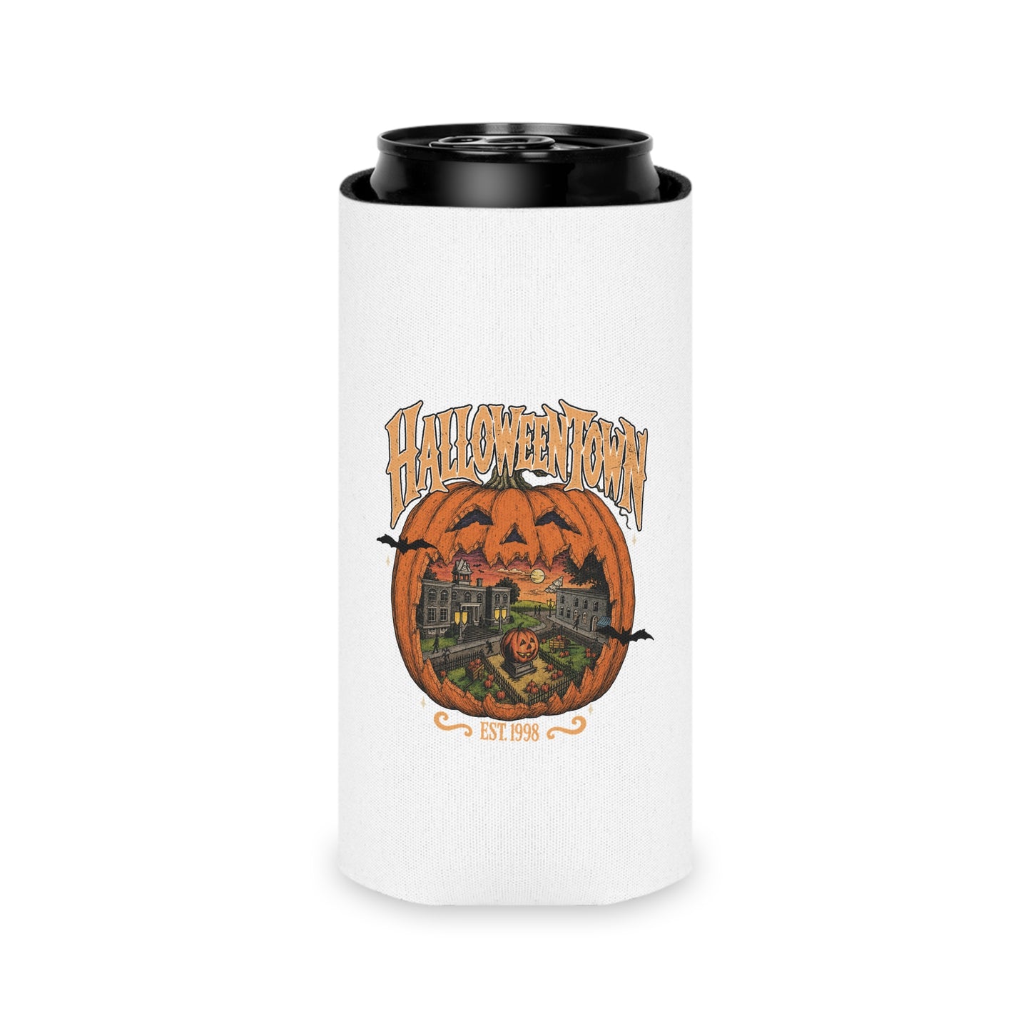 Halloween Town Can Cooler – Retro Pumpkin Village Beverage Koozie (Est. 1998)