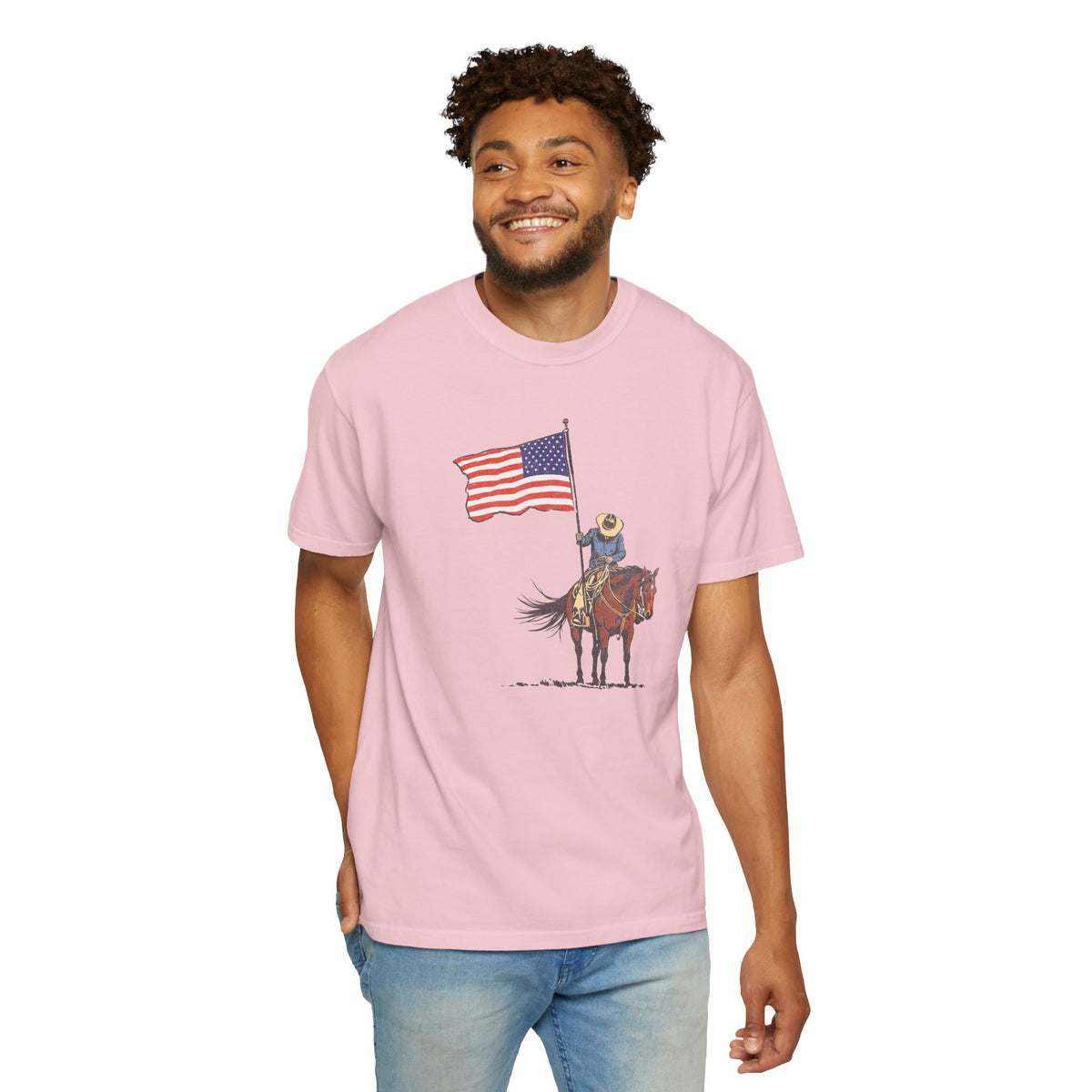 Patriotic Cowboy on Horse T-Shirt – American Flag Western Tee