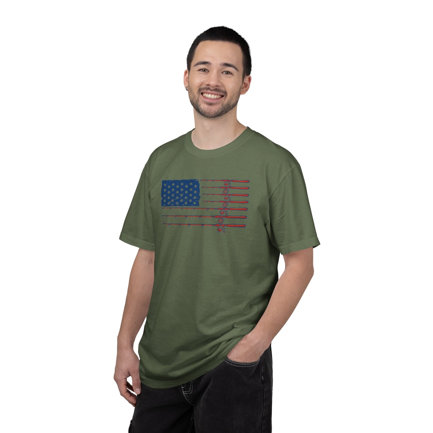 American Fishing Flag T-Shirt — Patriotic Bass Rods Graphic Tee