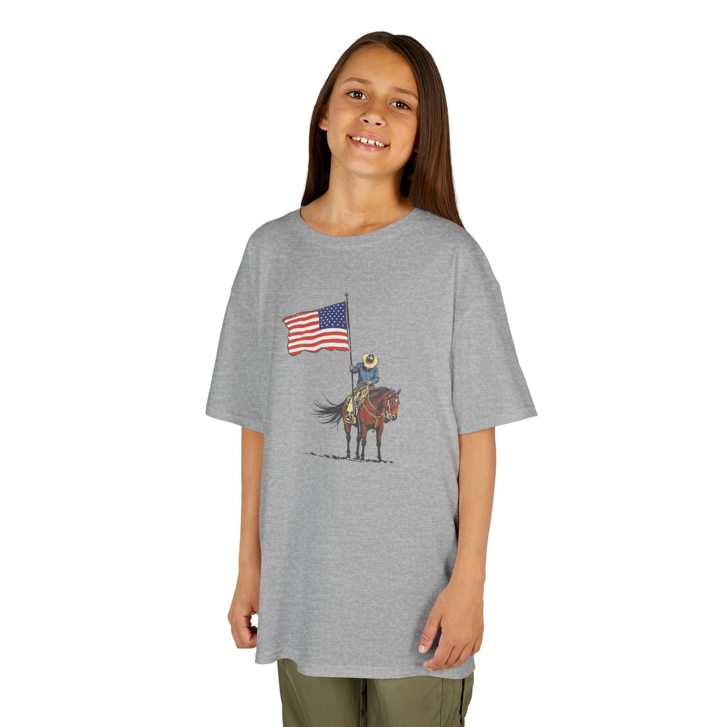 Kids Tee — Cowboy on Horse Holding American Flag (Patriotic Western Shirt)