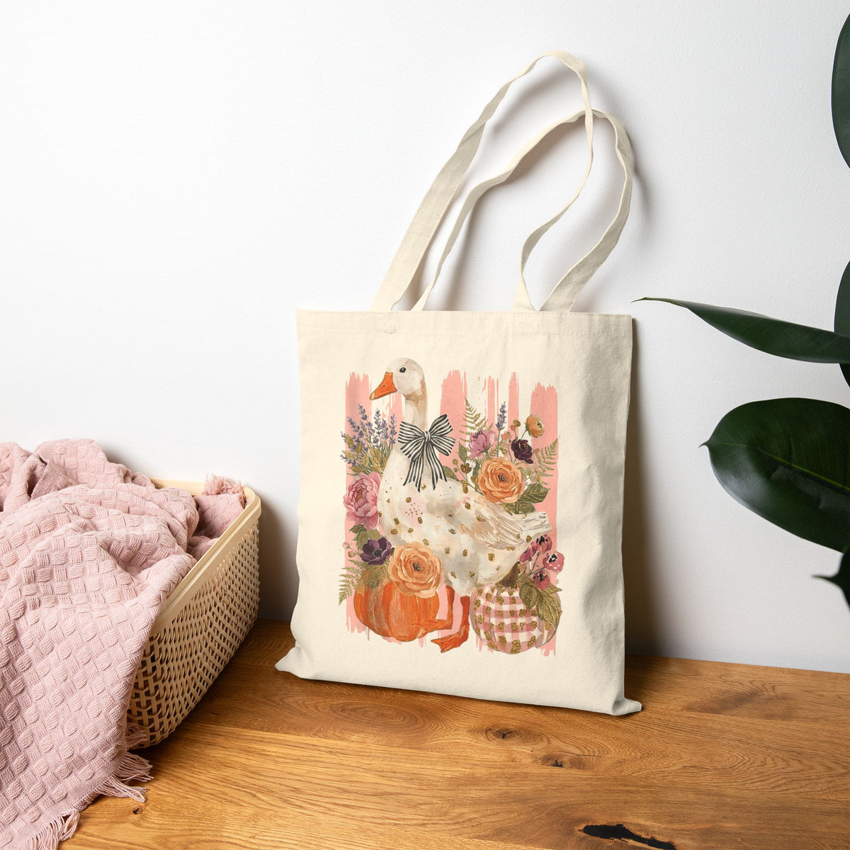 Autumn Goose Canvas Tote Bag — Fall Pumpkin & Floral Market Bag