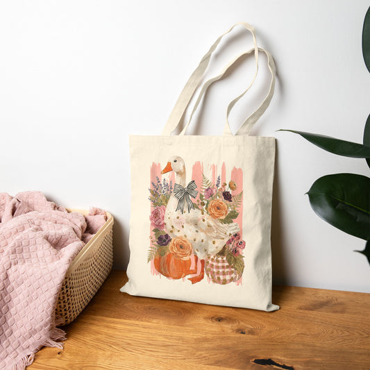 Autumn Goose Canvas Tote Bag — Fall Pumpkin & Floral Market Bag