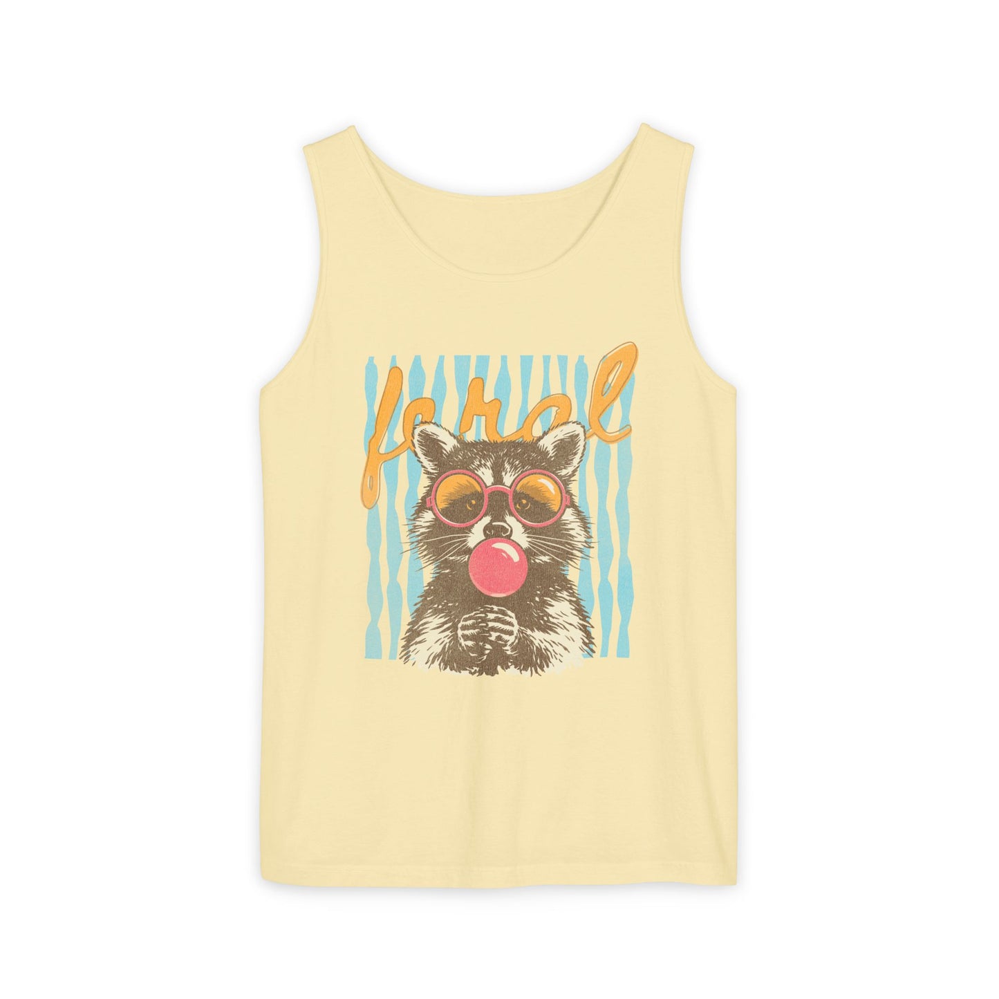 Raccoon Bubblegum Tank Top — Retro 'Hello' Graphic Summer Tee