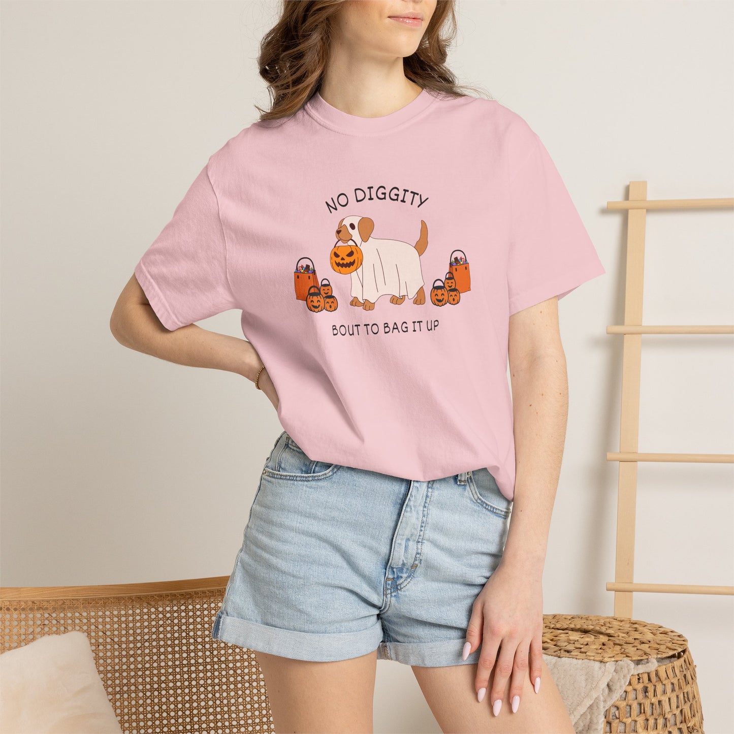 No Diggity Dog T-Shirt — Cute Puppy with Pumpkins "Bout to Bag It Up"