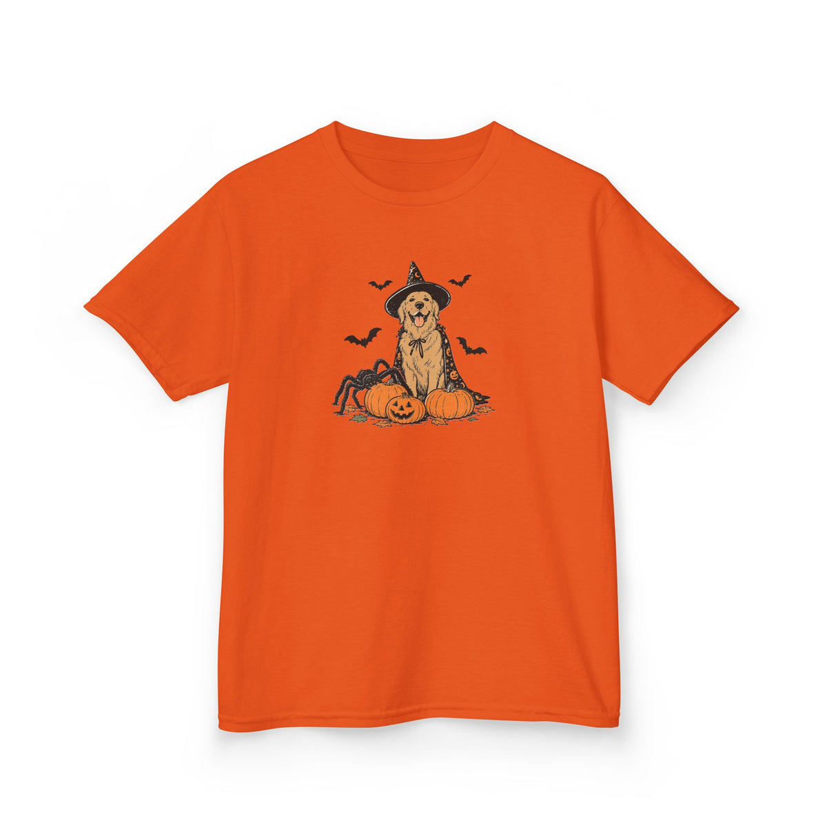 Kids Halloween Witch Tee – Cute Witch Dog with Pumpkins Kids T-Shirt