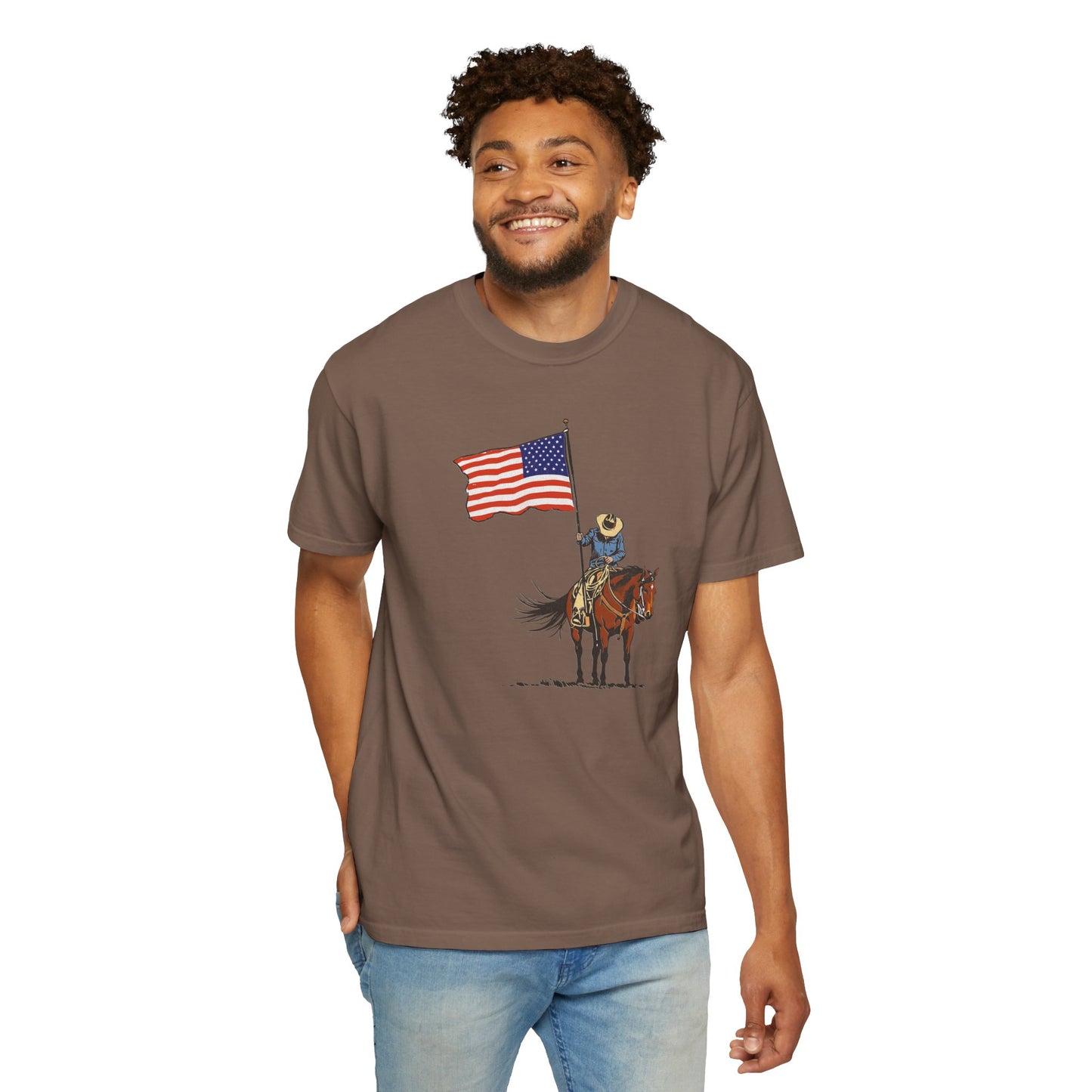Patriotic Cowboy on Horse T-Shirt – American Flag Western Tee