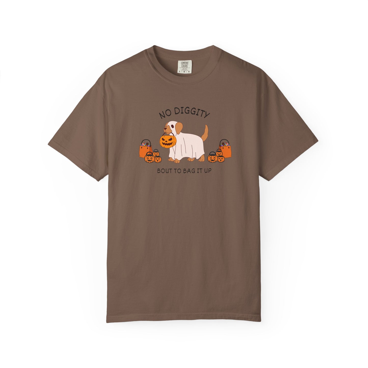 No Diggity Dog T-Shirt — Cute Puppy with Pumpkins "Bout to Bag It Up"