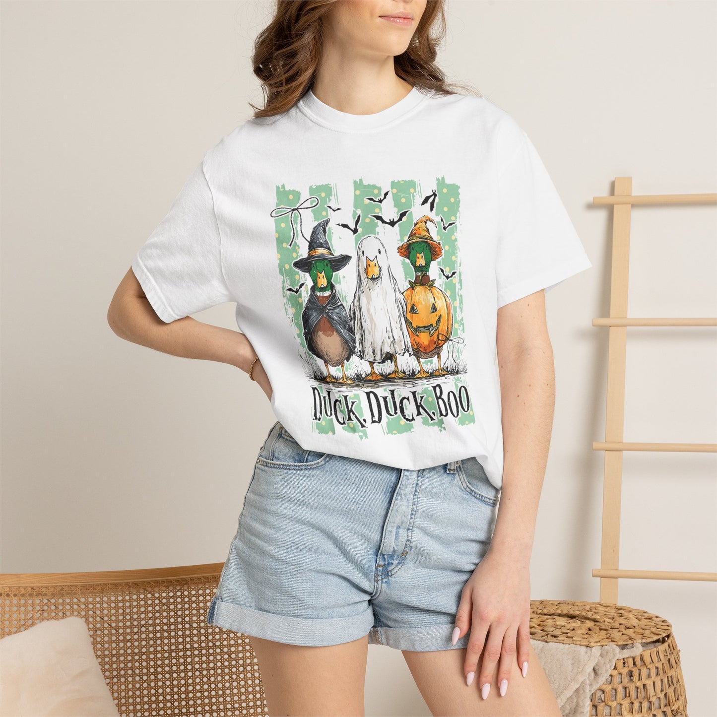 Duck Duck Boo Halloween T‑Shirt — Cute Witch & Pumpkin Ducks Graphic Tee