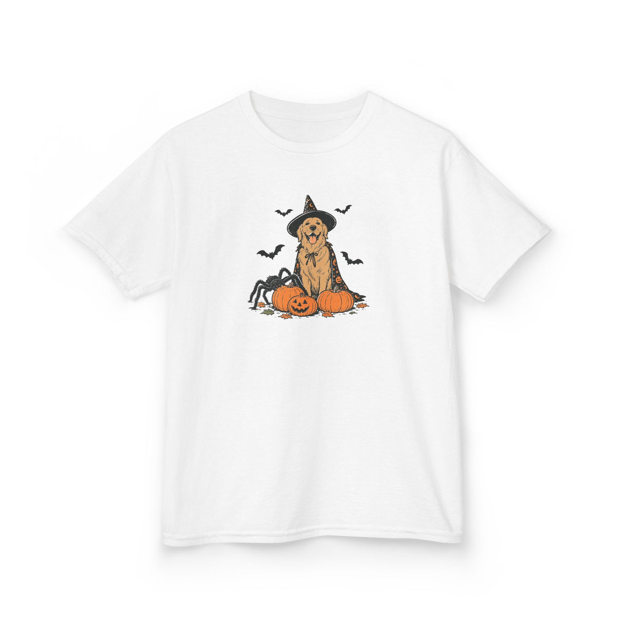 Kids Halloween Witch Tee – Cute Witch Dog with Pumpkins Kids T-Shirt
