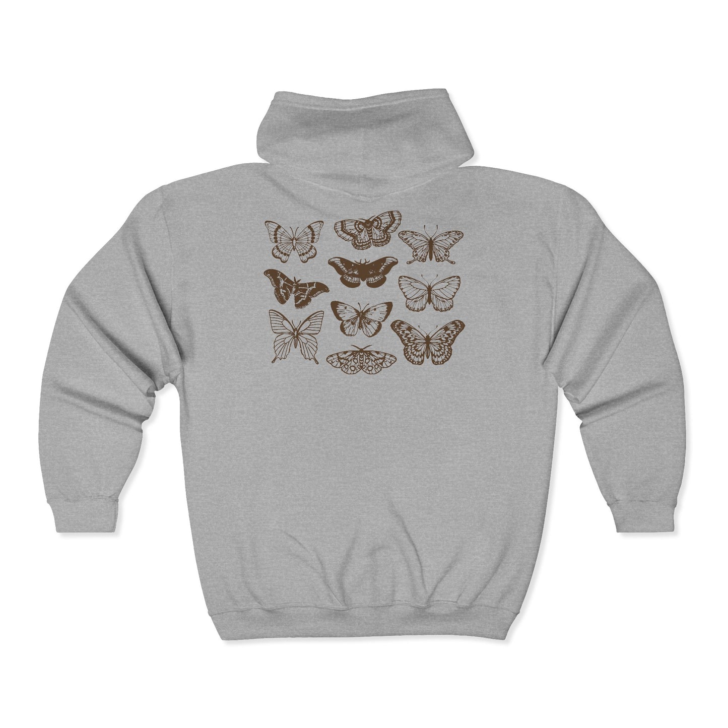 Butterfly Moth Zip Hoodie – Vintage Brown Moth Print Full-Zip Sweatshirt