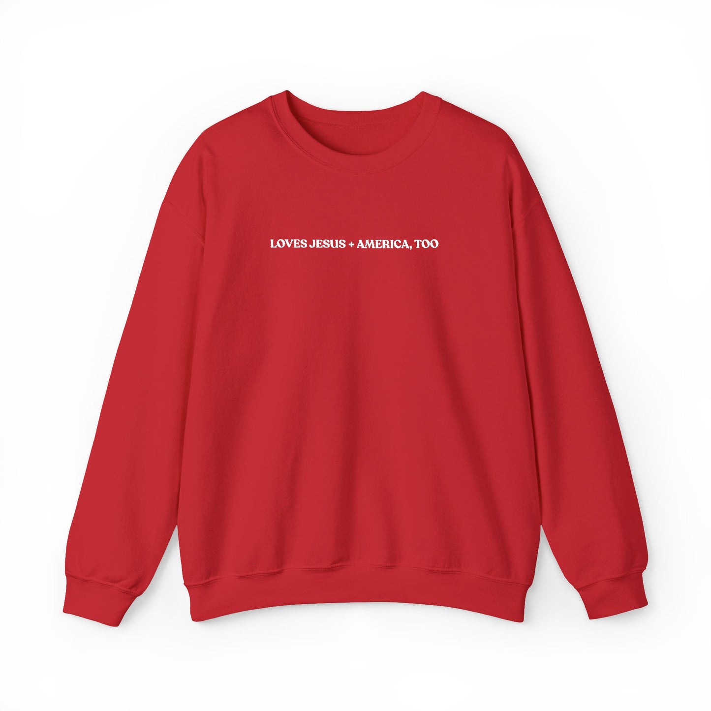 Crewneck Sweatshirt - Minimal White Script "Loves Jesus + America, Too" Embroidered Cozy Casual Pullover