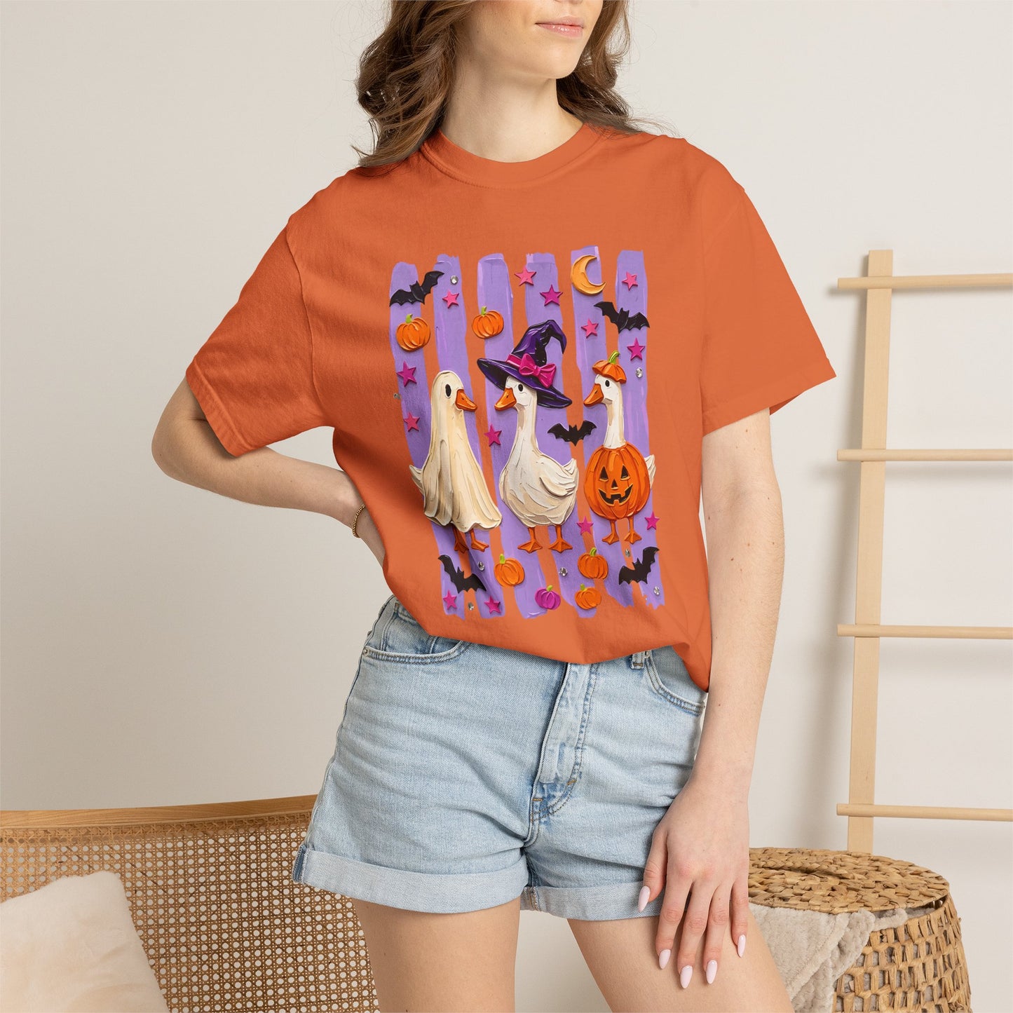 Halloween Goose T-Shirt — Cute Ghosts, Witch Hat & Pumpkin Design
