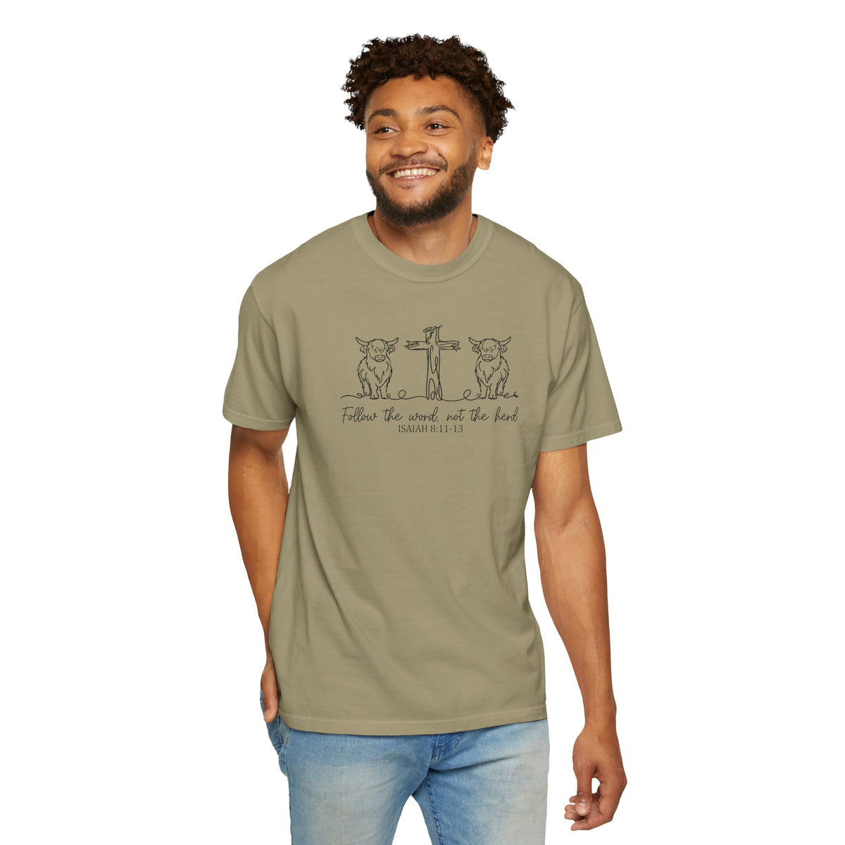 Christian Cross & Cow T-Shirt — "Follow the Word, Not the Herd" Graphic Tee