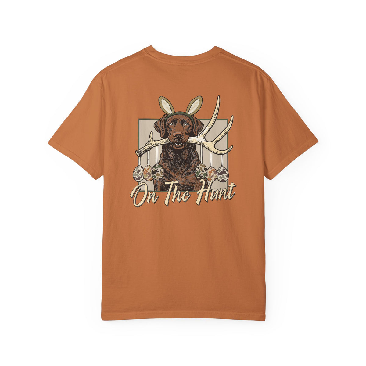 Landon's Easter Brown Lab Hunting Dog Graphic T-Shirt — "On The Hunt" Retro Antler Design