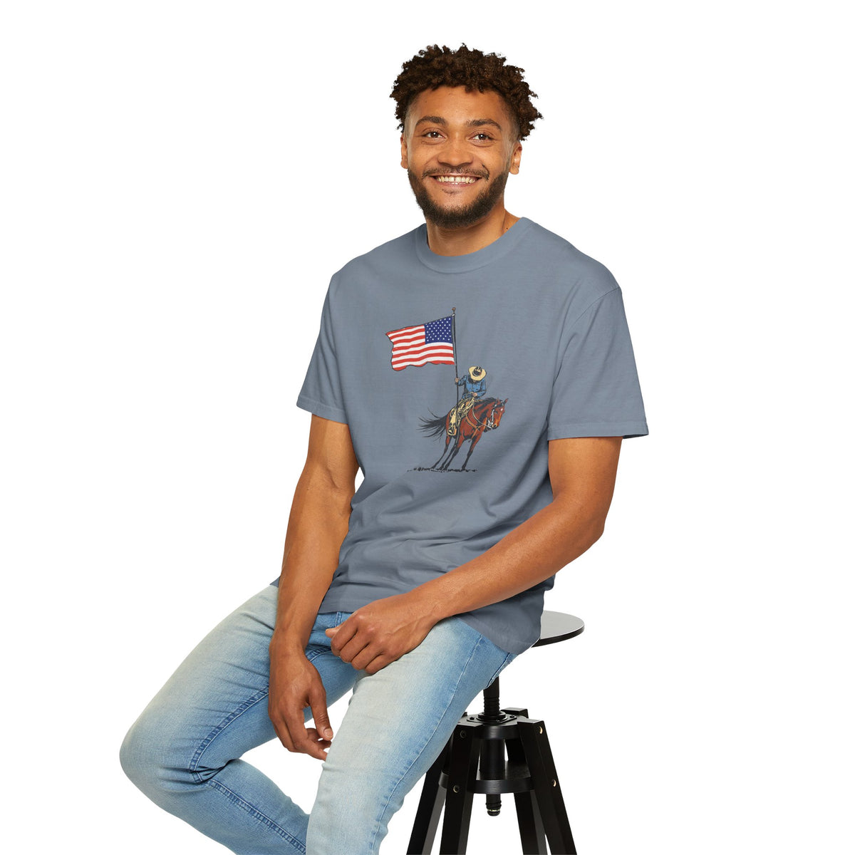Patriotic Cowboy on Horse T-Shirt – American Flag Western Tee