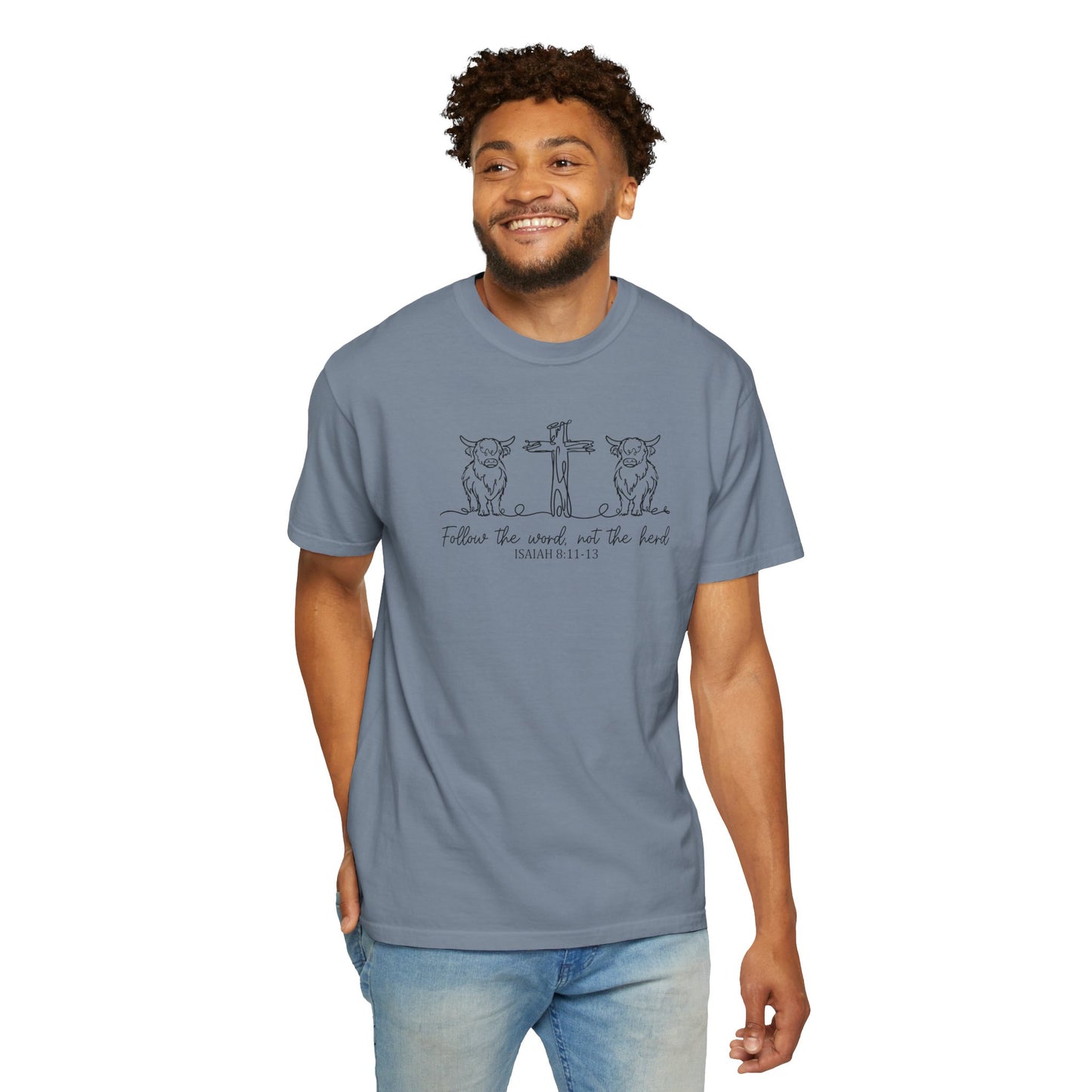Christian Cross & Cow T-Shirt — "Follow the Word, Not the Herd" Graphic Tee