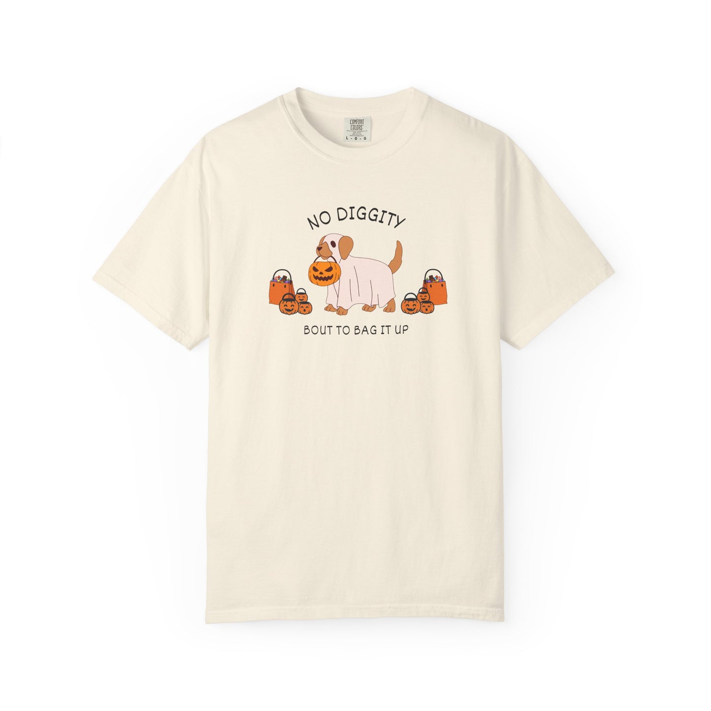 No Diggity Dog T-Shirt — Cute Puppy with Pumpkins "Bout to Bag It Up"