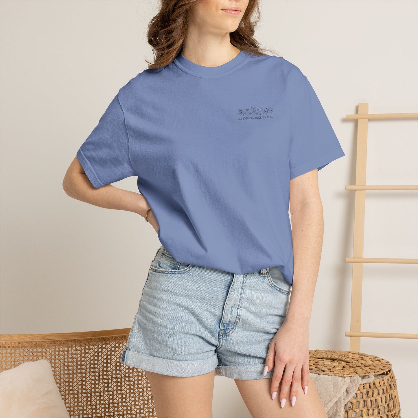 "God Shed His Grace on Thee" Chest Embroidered Script Minimalist T‑Shirt — Subtle Pocket Text Design