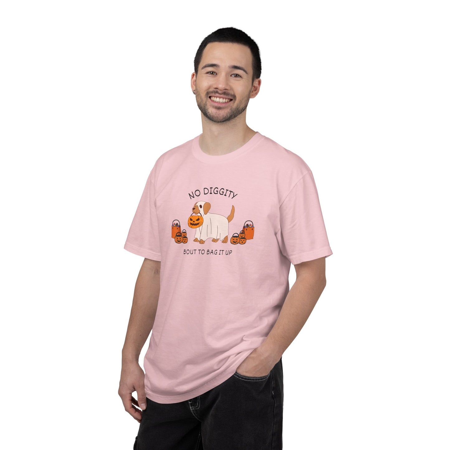 No Diggity Dog T-Shirt — Cute Puppy with Pumpkins "Bout to Bag It Up"