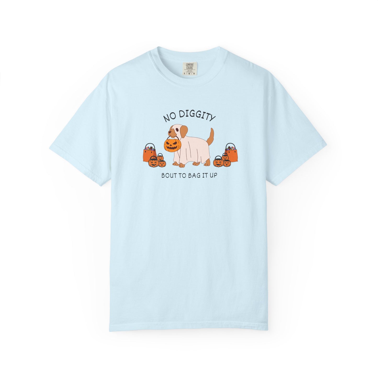 No Diggity Dog T-Shirt — Cute Puppy with Pumpkins "Bout to Bag It Up"