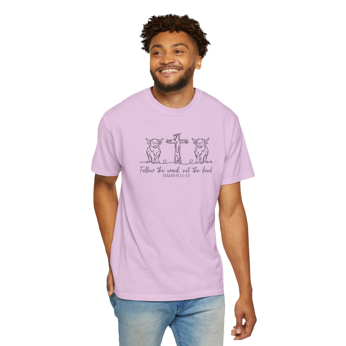 Christian Cross & Cow T-Shirt — "Follow the Word, Not the Herd" Graphic Tee