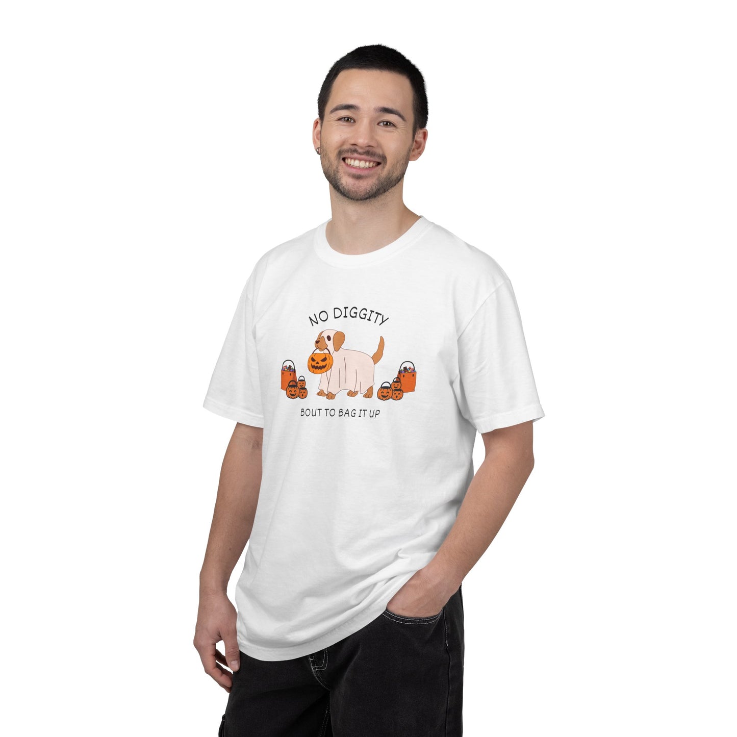 No Diggity Dog T-Shirt — Cute Puppy with Pumpkins "Bout to Bag It Up"